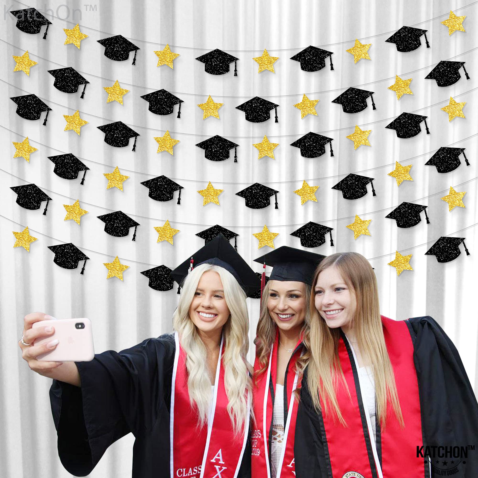 KatchOn Graduation Cap Garland - 10ft Gold & Black Class of 2025 Decor | 16in Graduation Balloons | Party Backdrop, Photo Booth & Wall Decoration for High School & College Graduation Celebrations