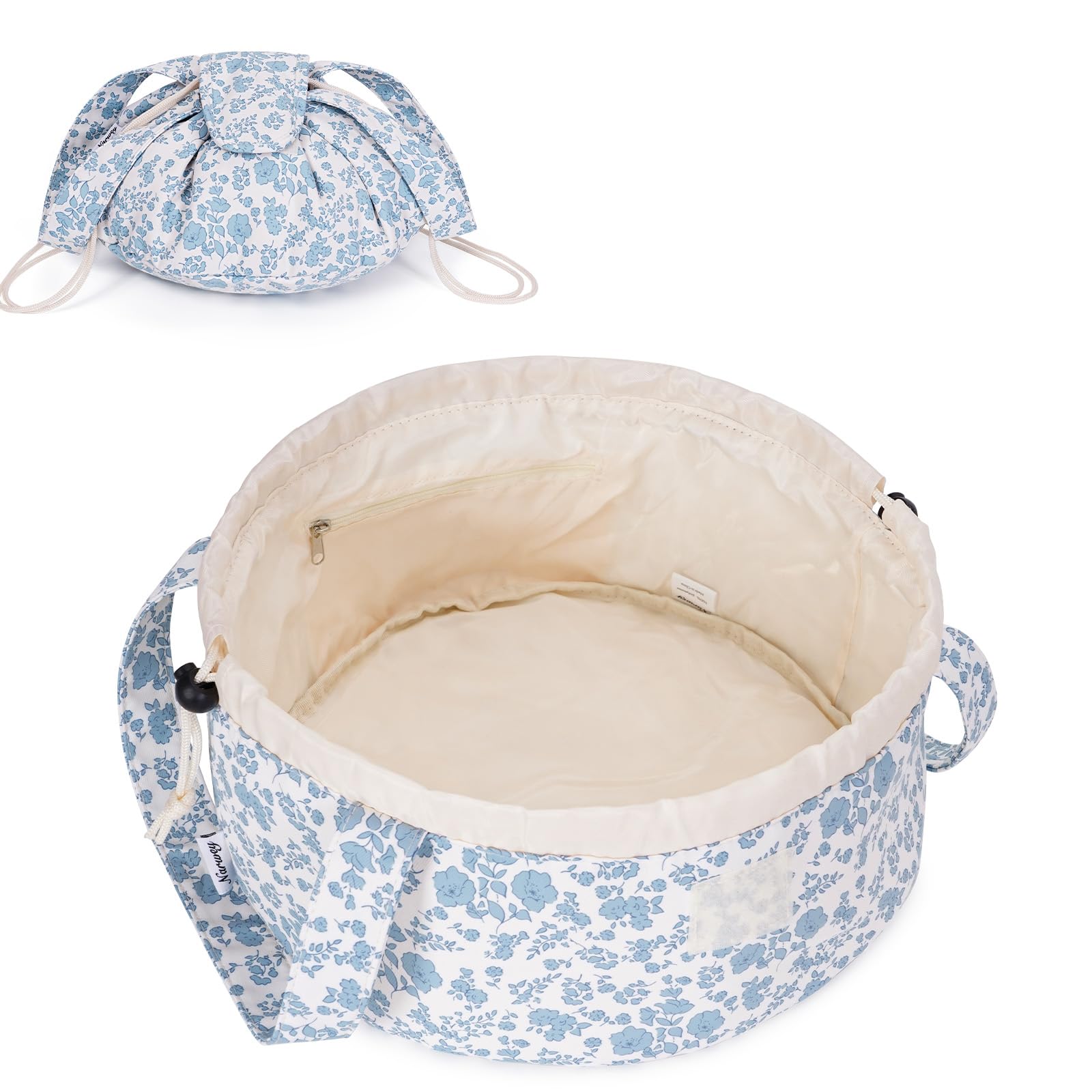 Large Floral Drawstring Makeup Bag | Waterproof Cosmetic & Toiletry Organizer | Travel Makeup Pouch for Women & Teen Girls | Perfect Gift for Birthdays & Travel | (Little Blue Flower Design, Patent Protected)