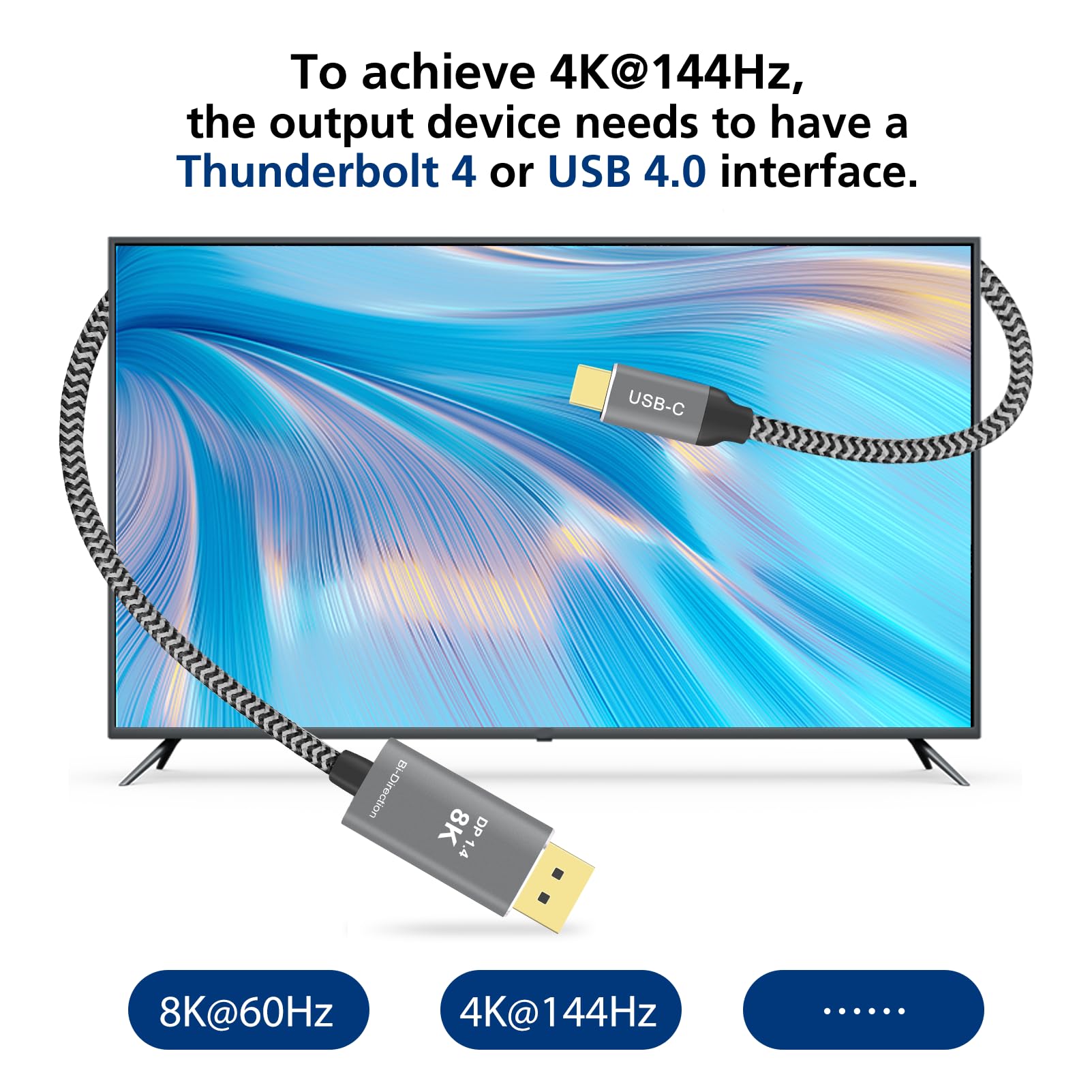 8K USB C to DisplayPort Cable 6ft - 32.4Gbps Bidirectional Thunderbolt 4 to DP 1.4 Adapter - Supports 4K@144Hz & 2K@240Hz - Braided Nylon for MacBook, iPhone 15, XPS - Perfect for Gaming, Video Editing & Multi-Monitor Setup