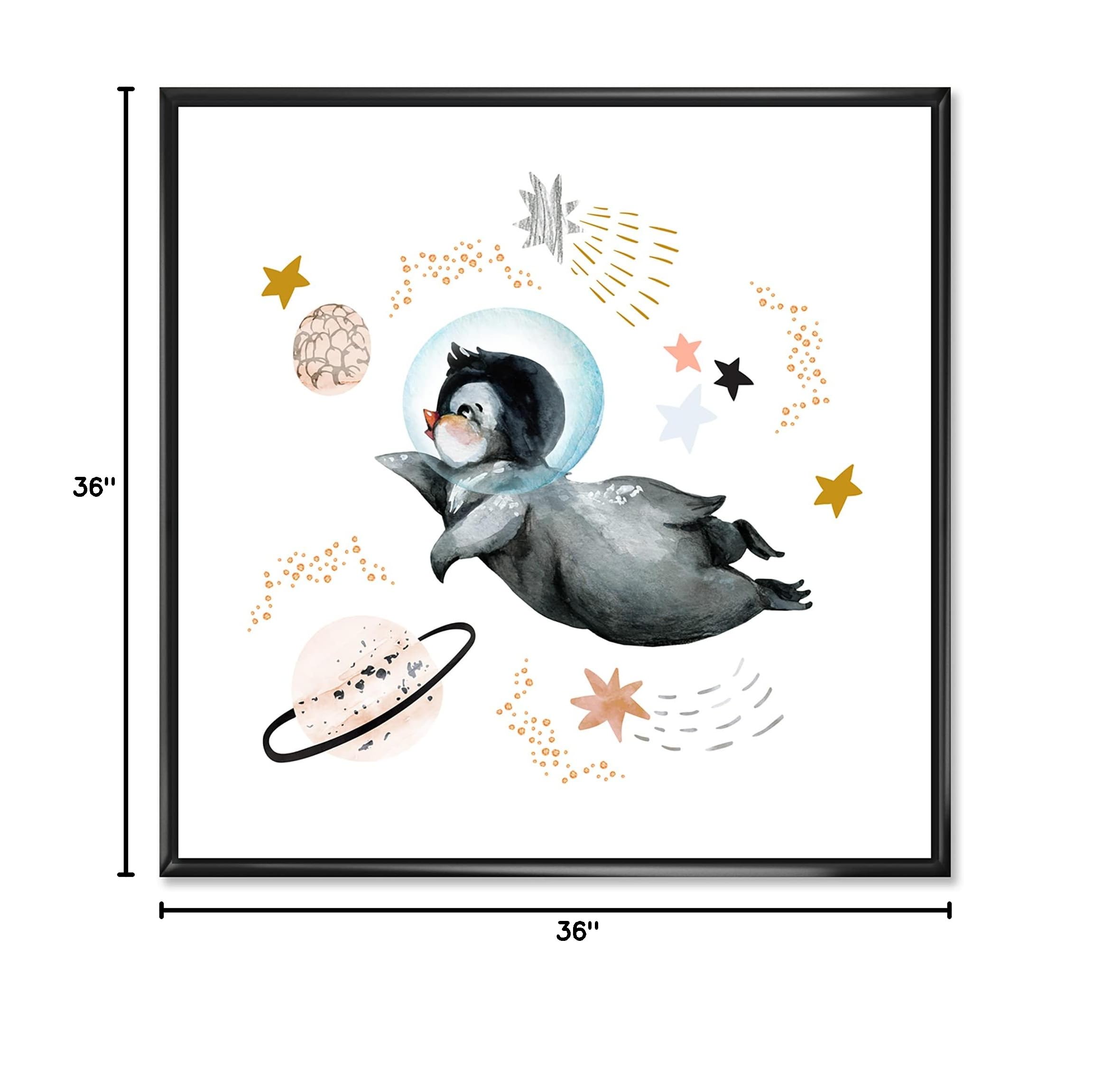 DesignQ Little Penguin Flying Stars and Planets II - Farmhouse Framed Canvas Wall Art Print - Nursery Decor, Kids Room Wall Art, Living Room Decoration
