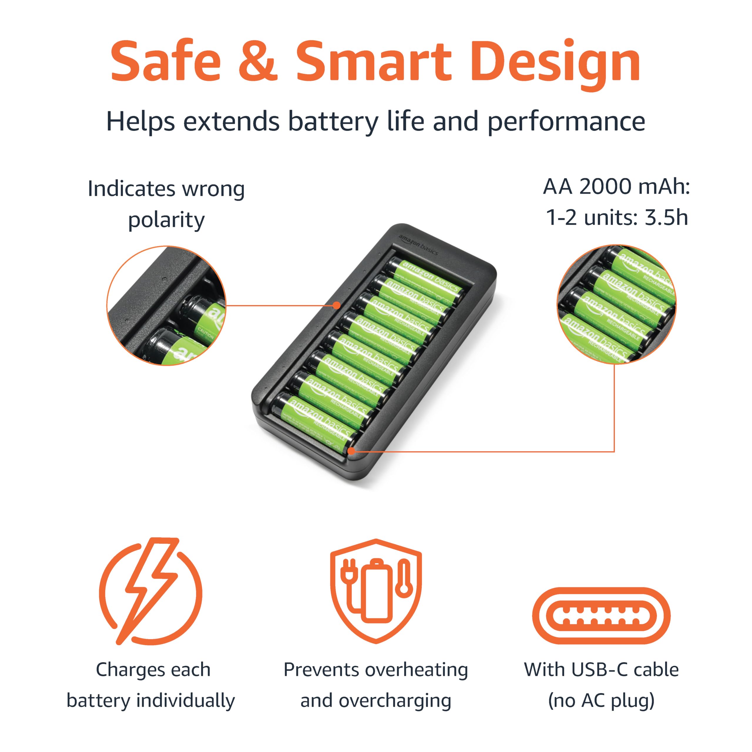 Amazon Basics Rechargeable AA NiMH Batteries (8-Pack) with 8-Bay USB-C Battery Charger - Perfect for Cameras, Game Controllers & Smart Home Devices
