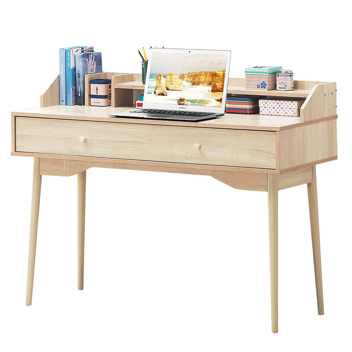 Tangkula Mid Century Modern Desk with Storage Drawer & Hutch - 47