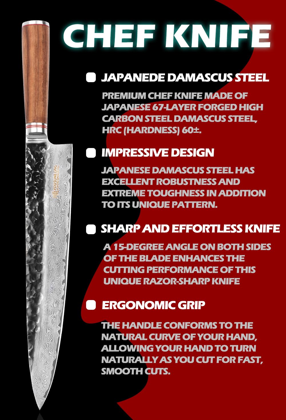 YOUSUNLONG 12-inch Gyuto Chef Knife - Japanese Damascus Steel with Hammered Finish, Walnut Wood Handle & Leather Sheath - Professional Kitchen Knives for Slicing, Dicing, and Chopping - Perfect for Home Chefs and Culinary Enthusiasts