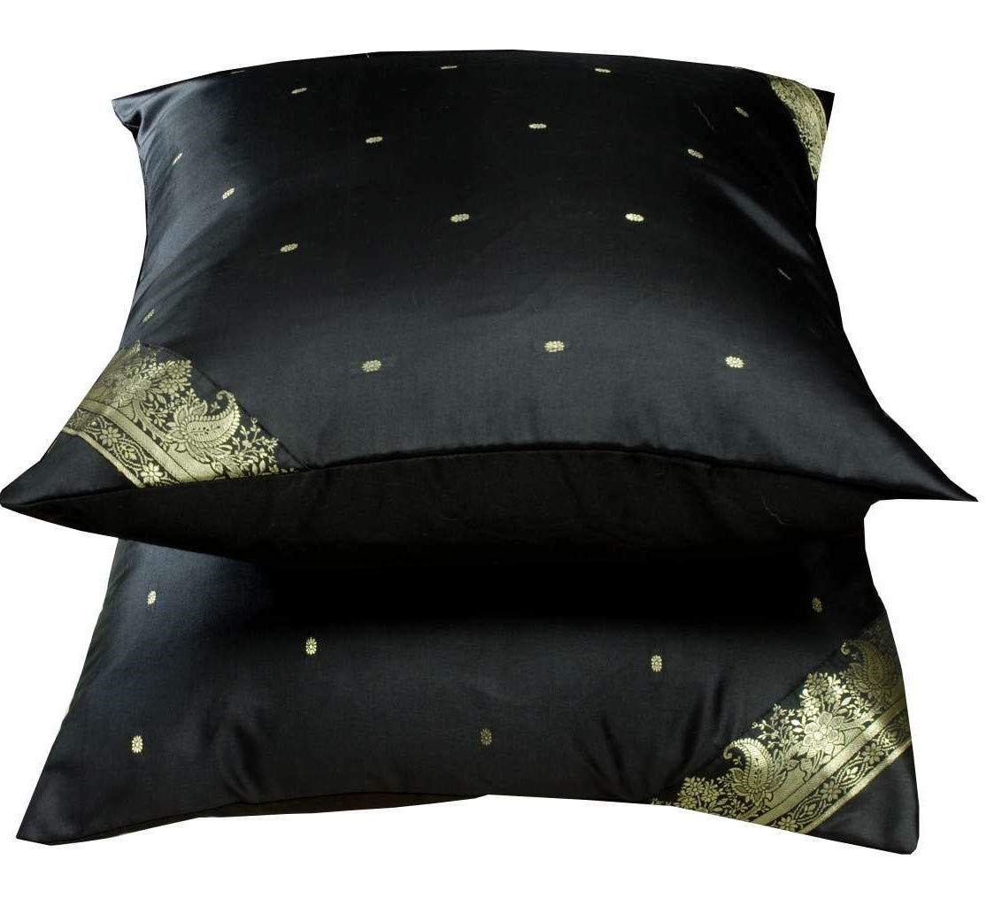 Elegant Black Handmade Sari Pillow Covers Set of 2 - 24x24 Inch Indian Sari Throw Boho Decor Cushion Covers with Zipper Closure | Perfect for Living Room, Bedroom, Sofa & Boho Home Decor