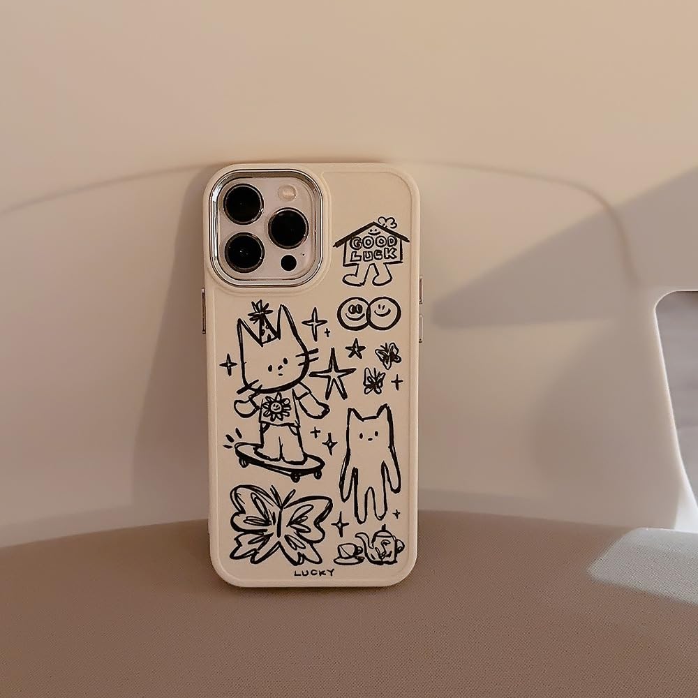Cute Cat Butterfly Star Lucky Line Drawing Soft Phone Case for iPhone 13 Pro Max - Slim Protective Cover with Artistic Design, Durable TPU Material (White) | Perfect for Everyday Use, Gift Giving & Fashion Accessories