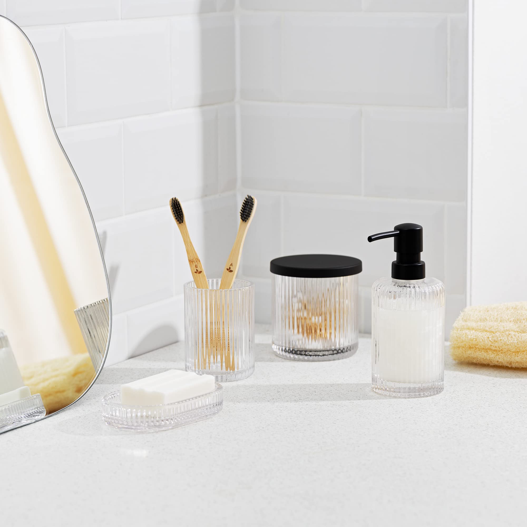 Navaris 4-Piece Glass Bathroom Set - Soap Dispenser, Toothbrush Holder, Soap Dish & Cotton Pad Organizer - for Modern Bathrooms