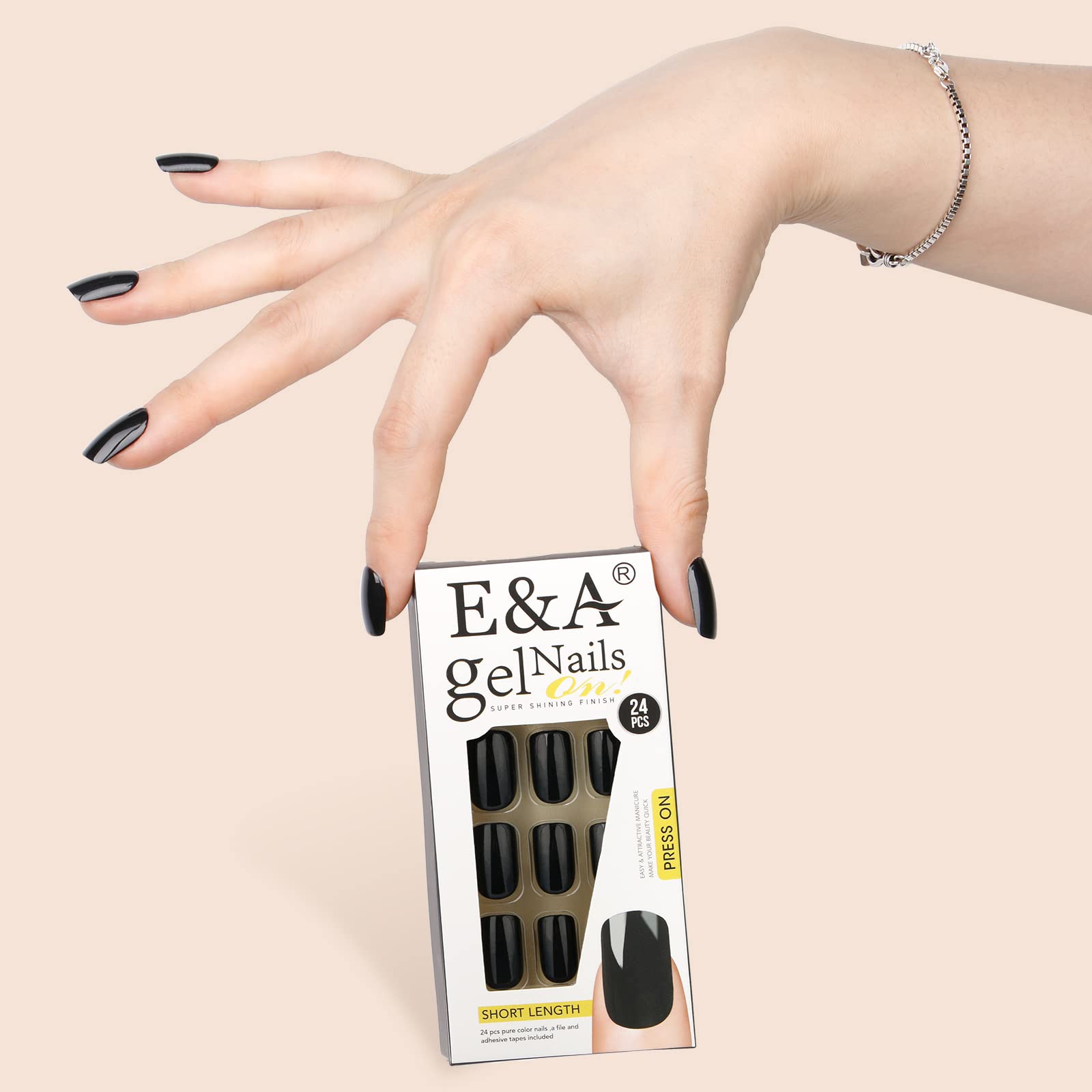 E&A 2 Packs Short Square Press On Nails - 24Pcs Black & 24Pcs White Gel False Nails Kit with Glue - Easy Stick On Manicure Nail Art Tips for Women & Girls - Perfect for Parties, Weddings, and Daily Wear