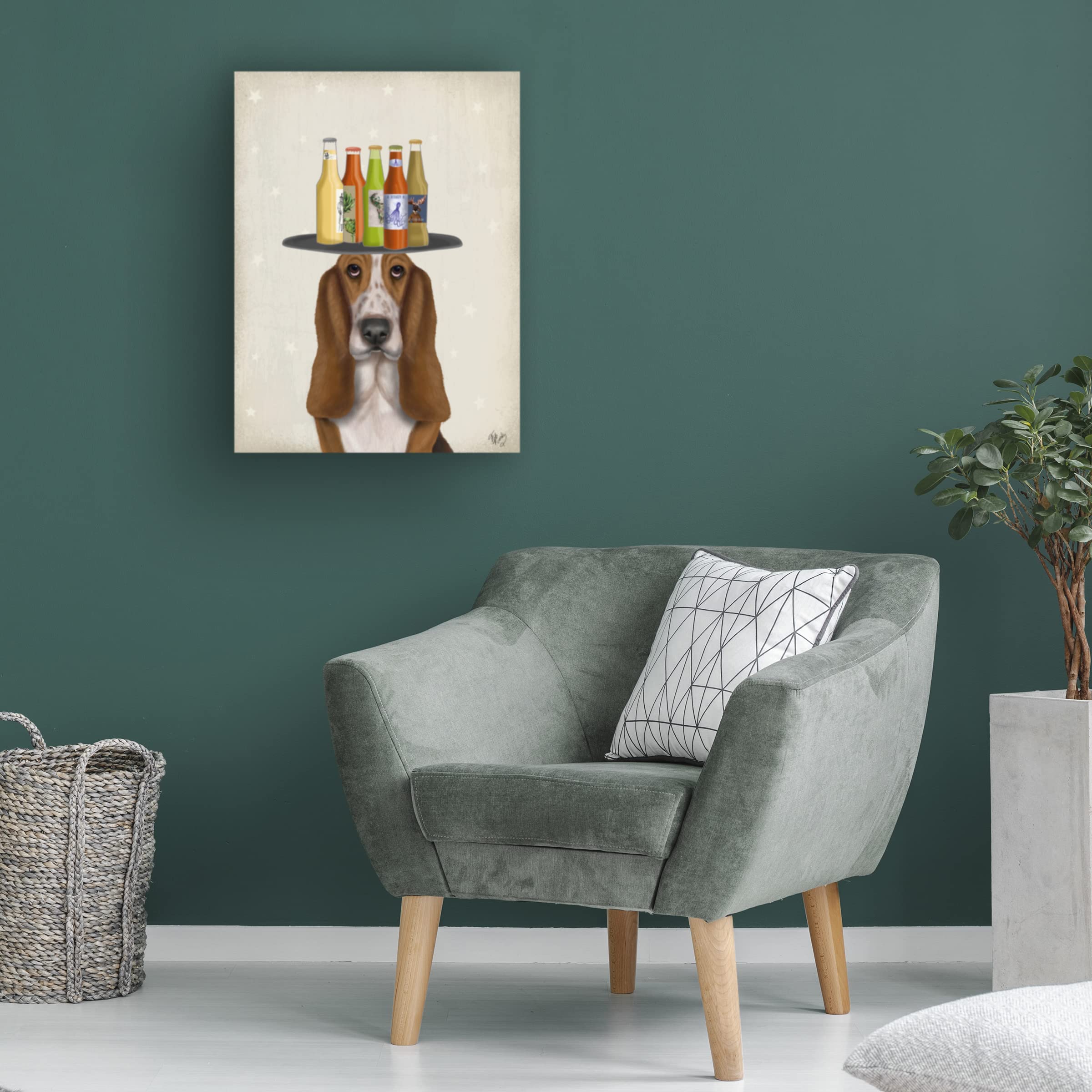 Basset Hound Beer Lover Canvas Wall Art Print by Fab Funky - Funny Dog Drinking Beer Painting for Home Bar, Man Cave & Pub Decor