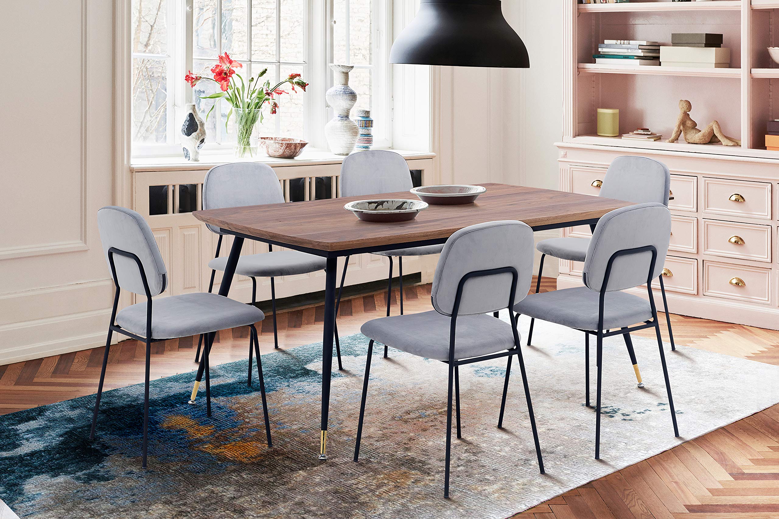 Armen Living Lucy Modern Dining Room Chairs Set of 2 - Grey Velvet Upholstered Side Chairs for Kitchen, Dining Table, Breakfast Nook & Home Decor