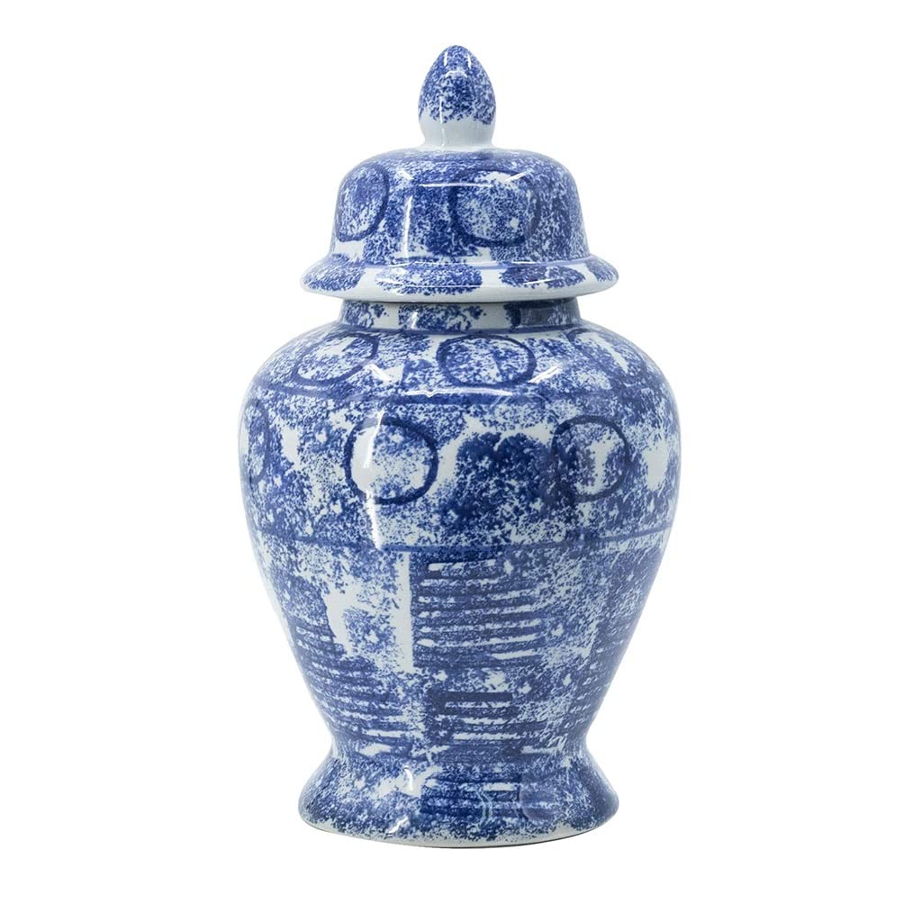 17 Inch Blue and White Porcelain Vase with Lid - Hand Painted Glazed Ceramic Chinoiserie Ginger Jar - Oriental Home Decor Centerpiece for Living Room, Bedroom & Office