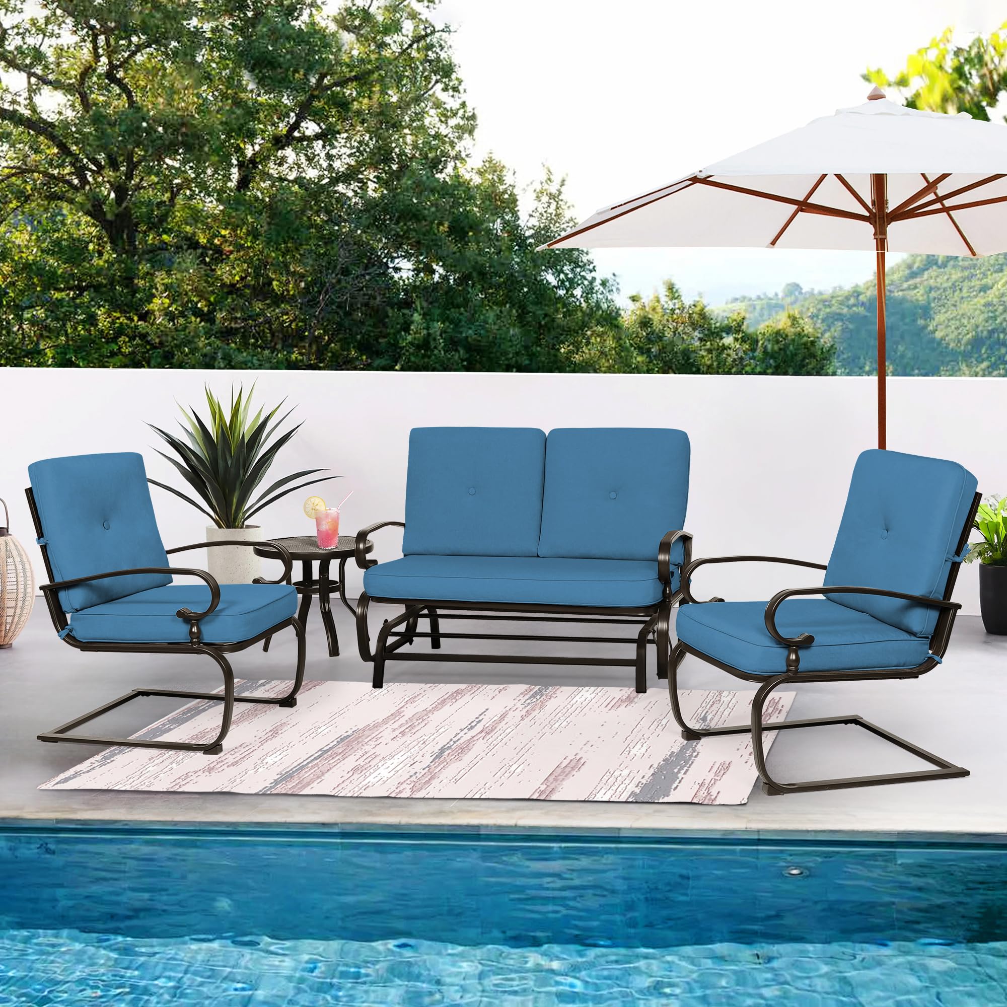 Incbruce Outdoor Patio Conversation Set - 4-Piece Metal Furniture with Glider, Bistro Table & 2 Spring Lounge Chairs (Peacock Blue, Wrought Iron) - Perfect for Garden, Backyard, and Poolside Relaxation