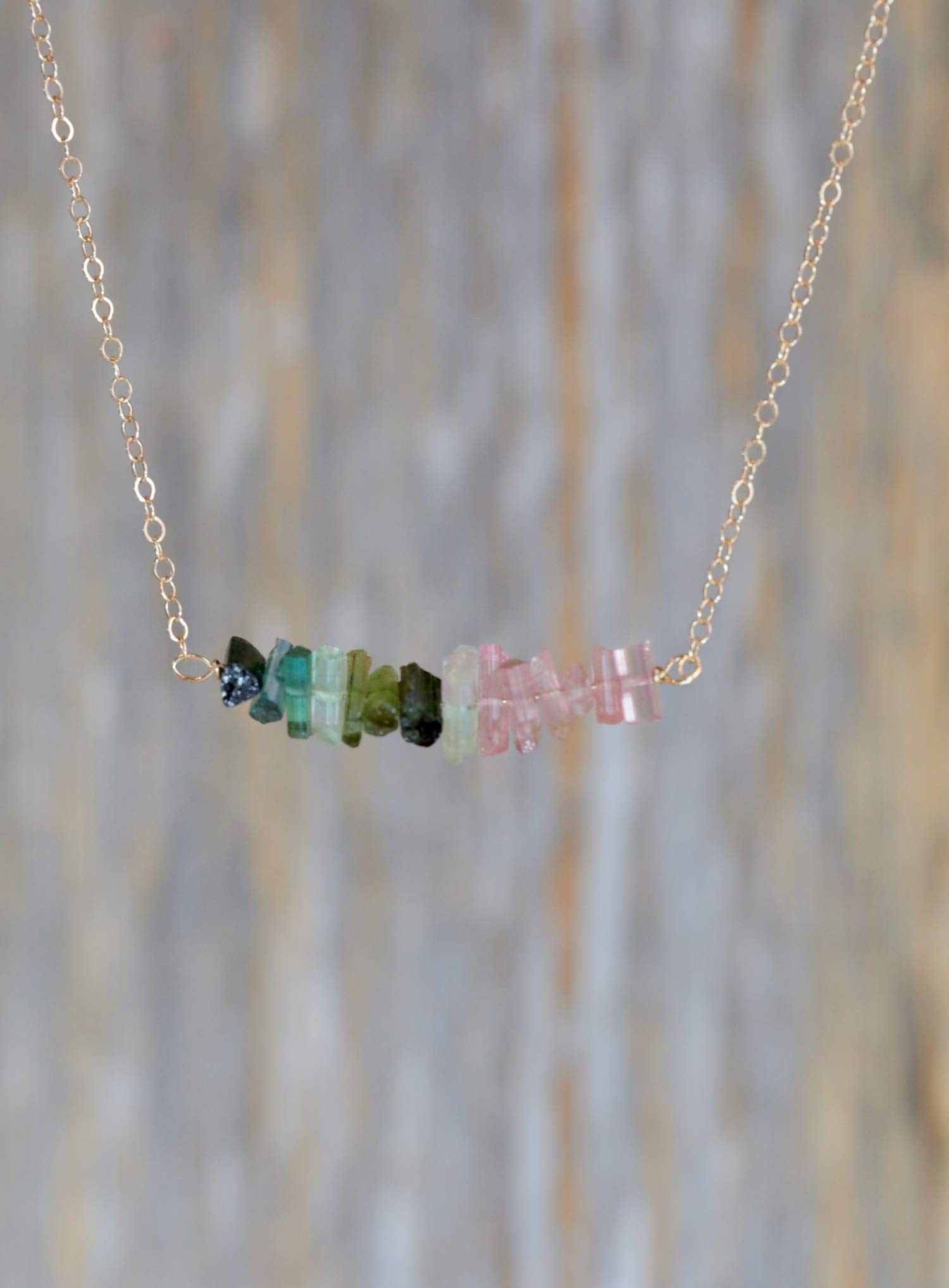 Raw Tourmaline Gemstone Bar Necklace - October Birthstone Jewelry for Women, Birthday Gift Idea, Healing Crystal Pendant for Meditation & Energy Balancing