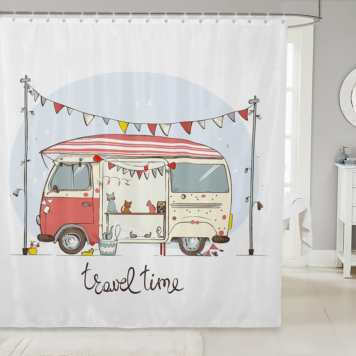 Erosebridal Happy Camping Shower Curtain Set - 72x72 Inch Waterproof Bath Curtain with Vintage Camper Sketch Design in Pastel Pink, Perfect for Kids Bathroom & RV Decor - Ideal for Camping Trips, Outdoor Adventures and Themed Bathrooms