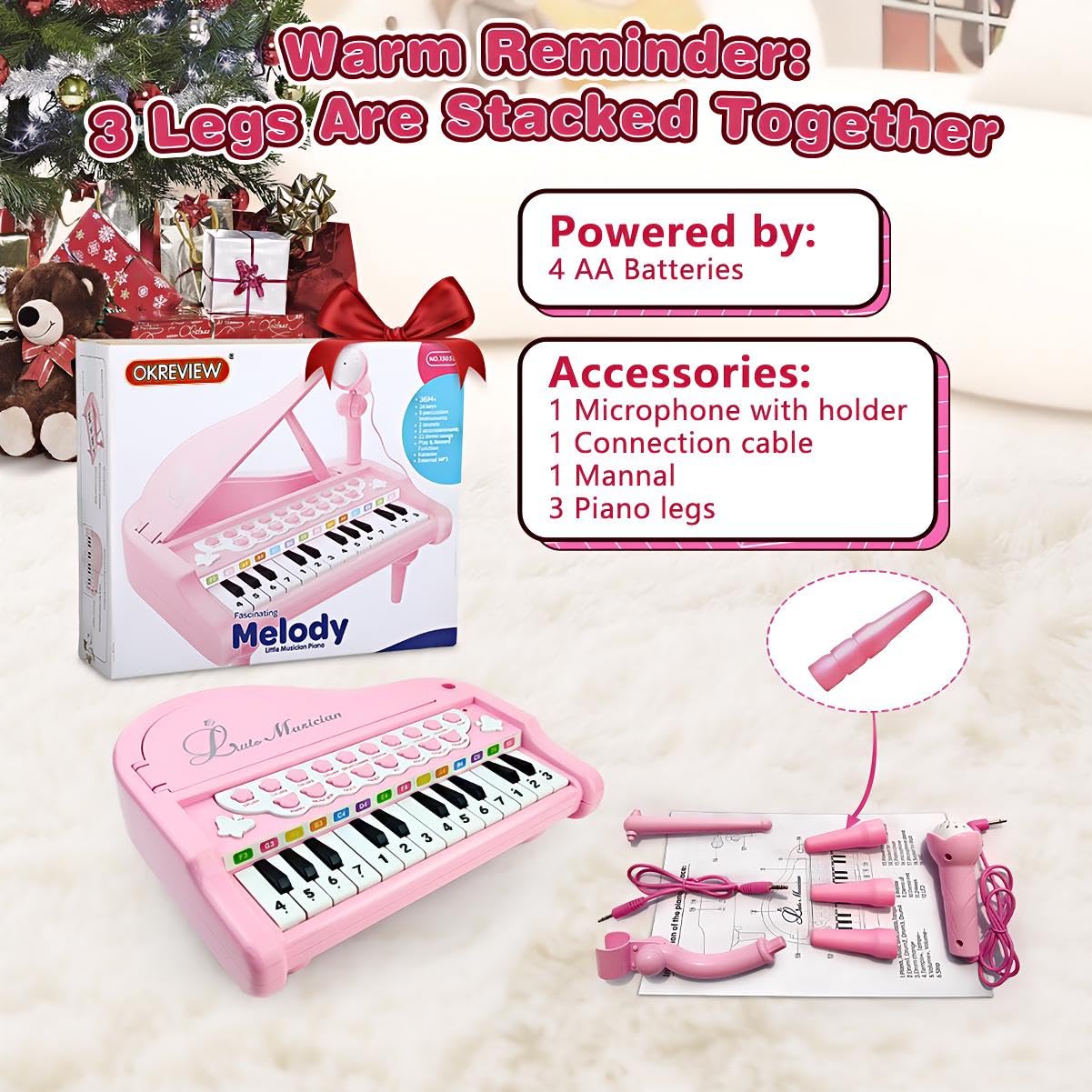 24-Key Toddler Piano Keyboard Toy with Microphone & Musical Notes - Educational Musical Instrument Gift for 1-3 Year Old Girls & Boys - Perfect for Birthday, Christmas & Early Childhood Music Learning