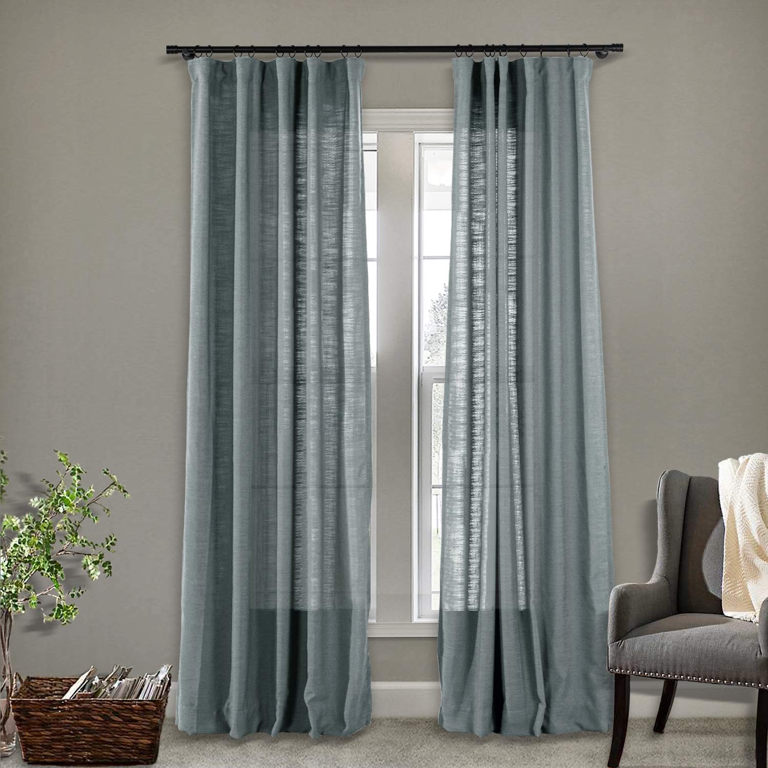 Frelement Textured Sheer Linen Curtains - Energy Efficient Blackout Drapes with 4-in-1 Header for Sliding Glass Doors & Kitchen Windows - Dark Gray (100