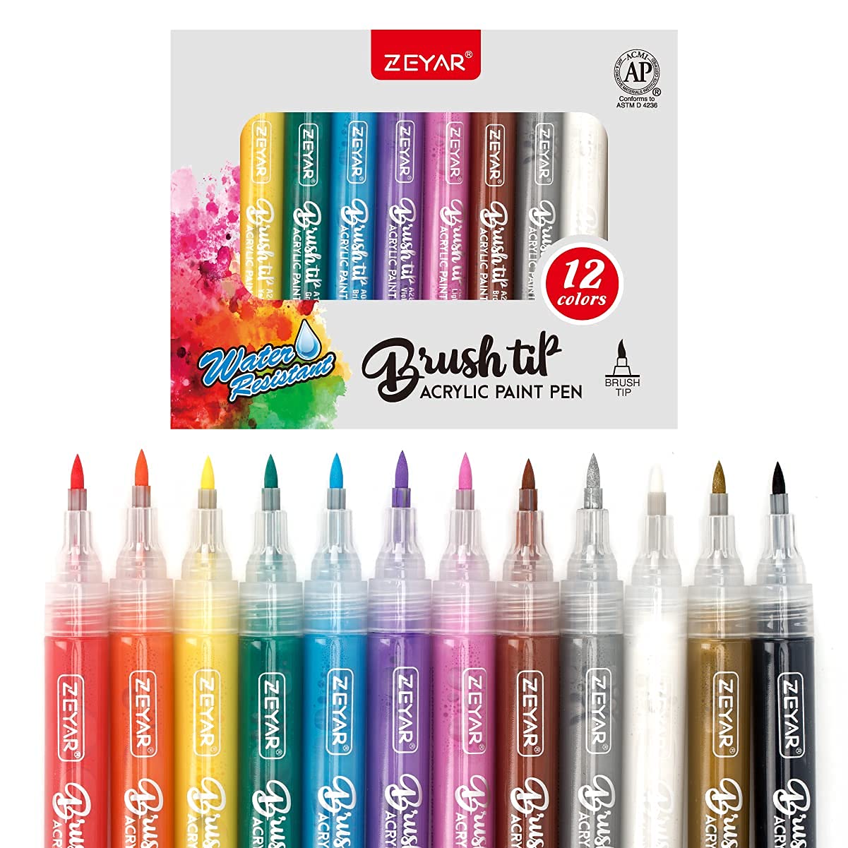 ZEYAR Acrylic Paint Pens Brush Tip - 12 Classic Colors | Valve-Action Design for Smooth Flow | Waterproof & Permanent Ink | Works on Paper, Rock, Ceramic, Wood, Glass & More | Great for DIY Crafts, Home Decor, Scrapbooking & Art Projects