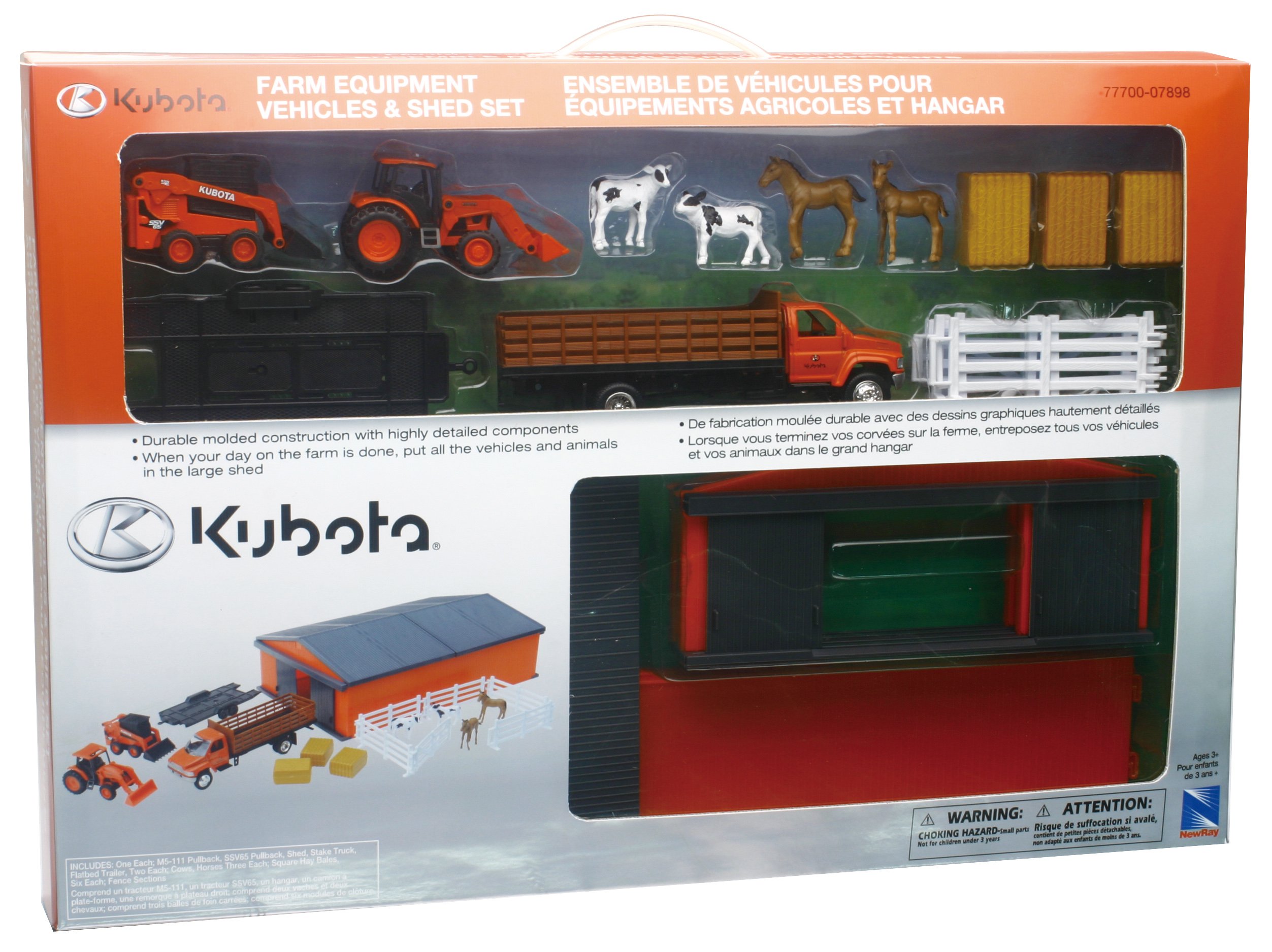 New Ray Kubota Farm Vehicles with Machine Shed Set - Realistic Toy Tractor & Farm Equipment Playset for Kids - Perfect for Imaginative Play, Farm-Themed Parties & Educational Learning
