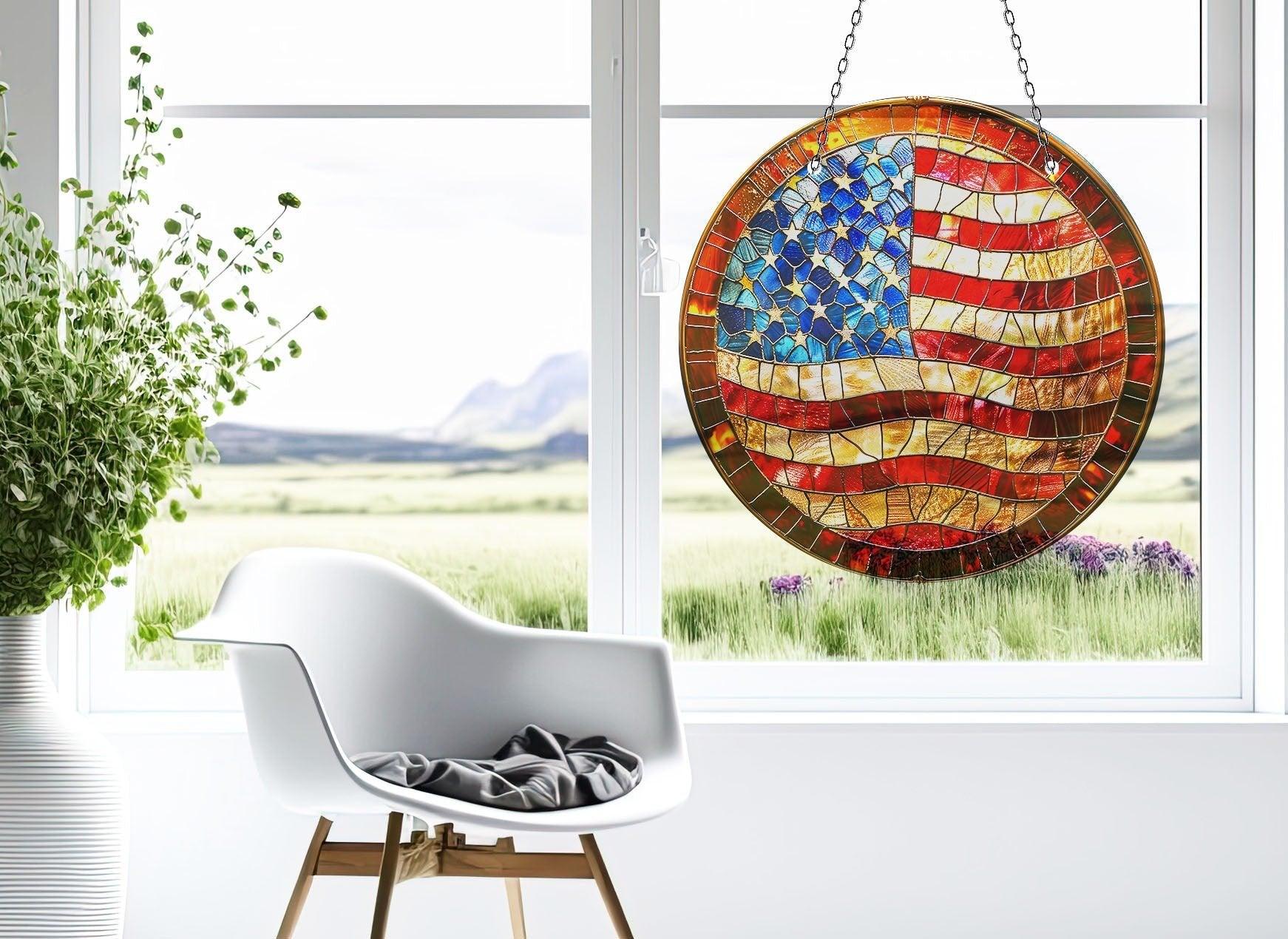 American Flag Suncatcher - Patriotic Window Decor for Home & Office - Perfect for Independence Day, Memorial Day & Veterans Day Celebrations