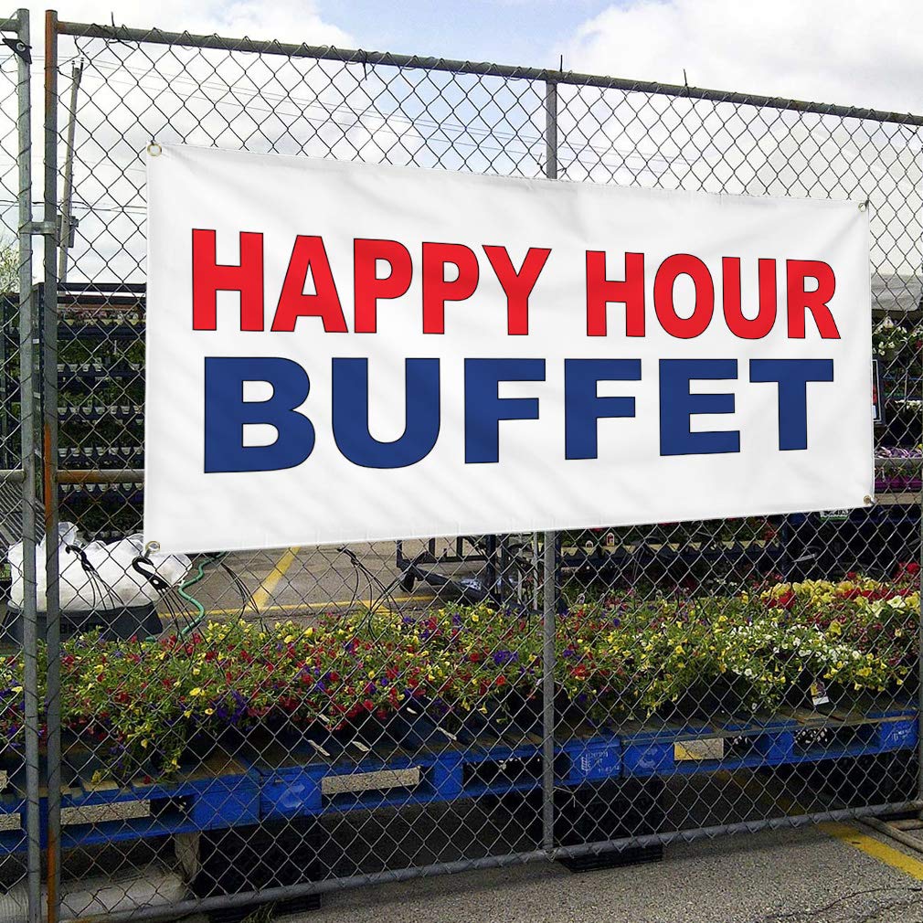 Happy Hour Buffet Vinyl Banner - 48x96 Inches, Weatherproof, 8 Grommets - Red & Blue Outdoor Business Sign for Restaurants, Bars & Events