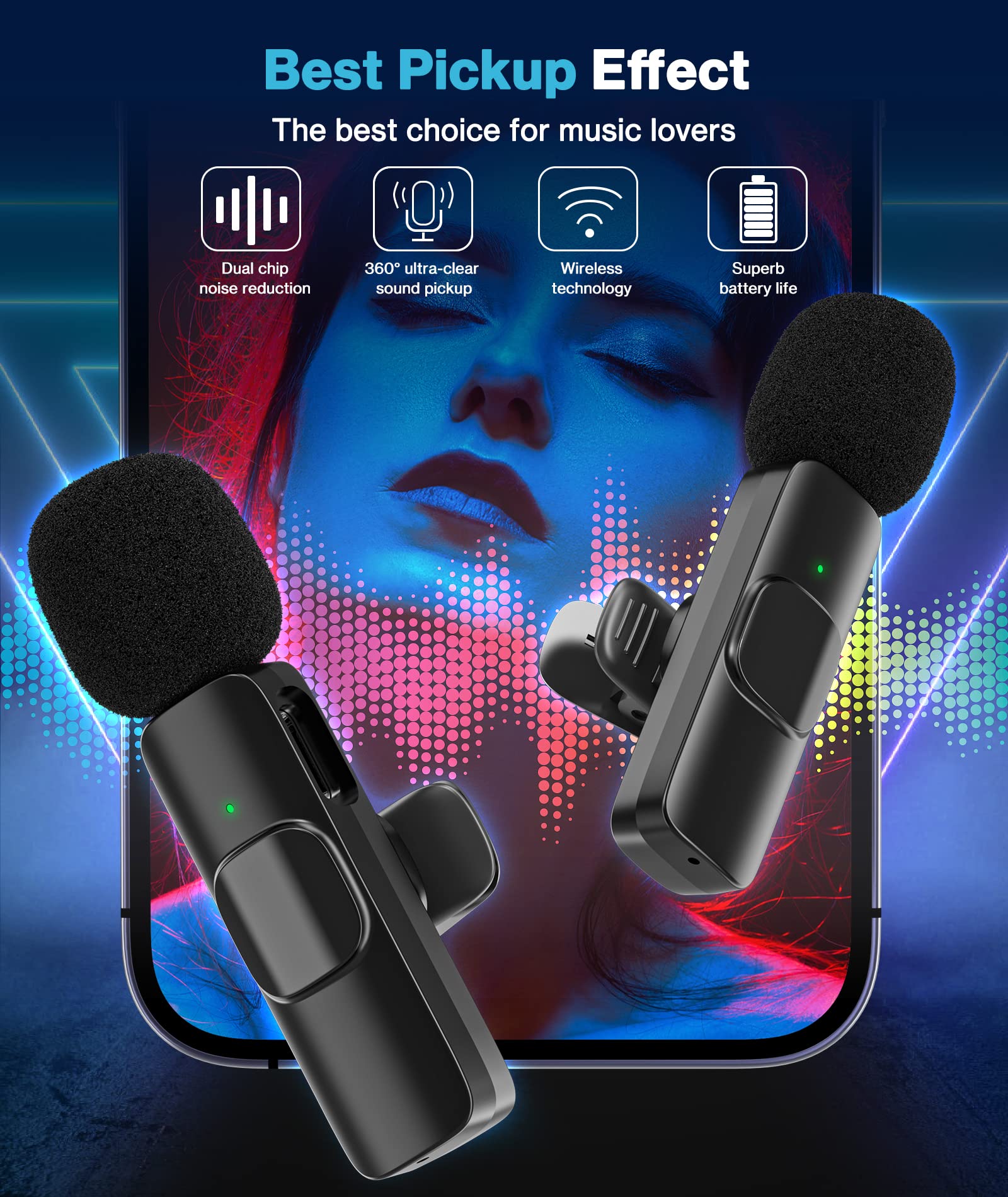 Wireless Lavalier Microphone for iPhone 15/14/13, Android, Computer & Laptop - Noise Cancelling Mini Mic with Clear Sound for Podcasting, YouTube, TikTok, Live Streaming, Interviews & Video Recording (2 Pack) - Perfect for Content Creators, Vloggers & Online Teachers