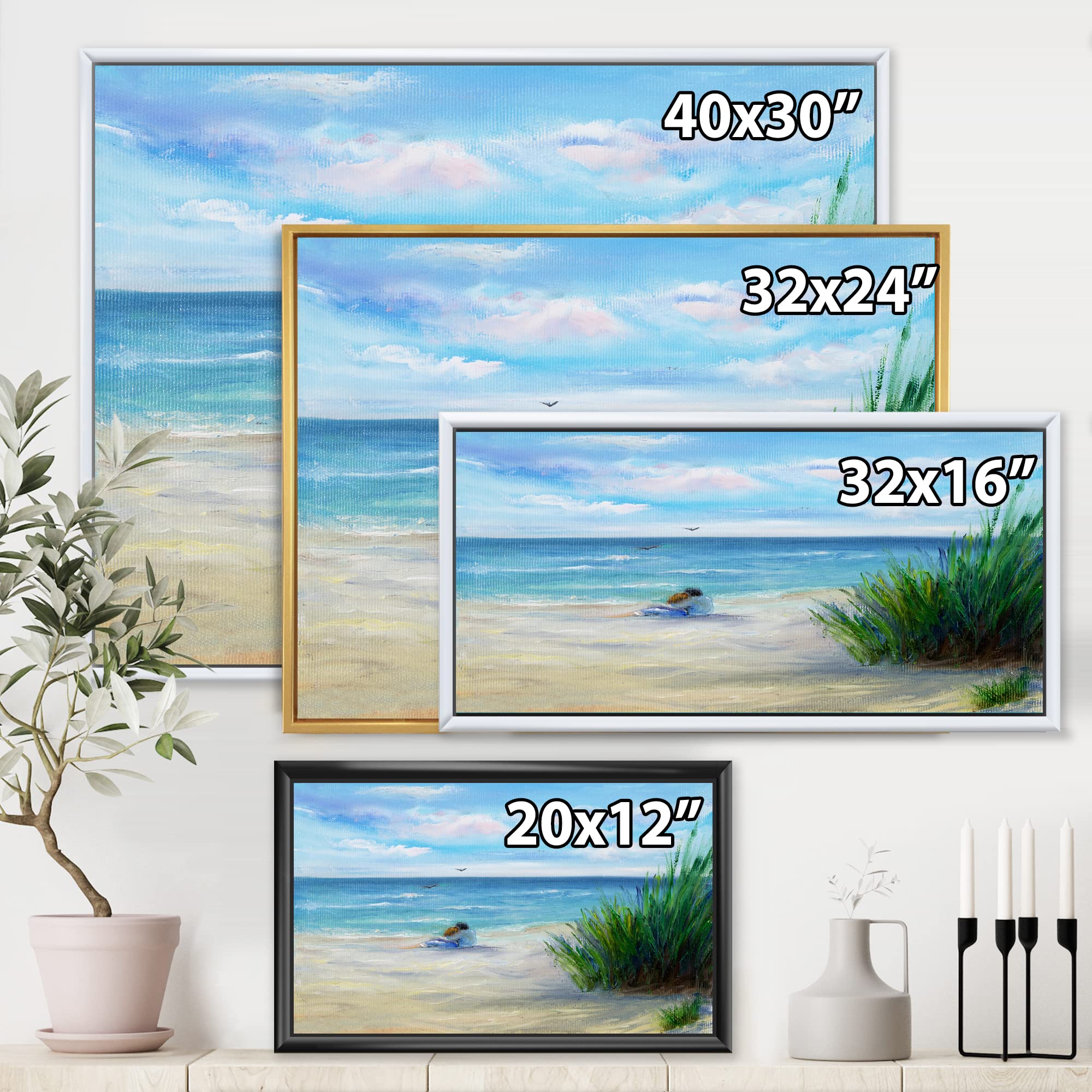 DesignQ Romantic Beach Couple - Nautical Coastal Framed Canvas Wall Art Print for Living Room, Bedroom & Beach House Decor