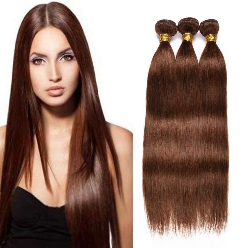 FEEL ME 100% Unprocessed Brazilian Virgin Human Hair Weave - 3 Bundles 18 18 18 Inch Silky Straight Hair Extensions (Light Brown, 300g) for Natural Look, Styling & Daily Wear