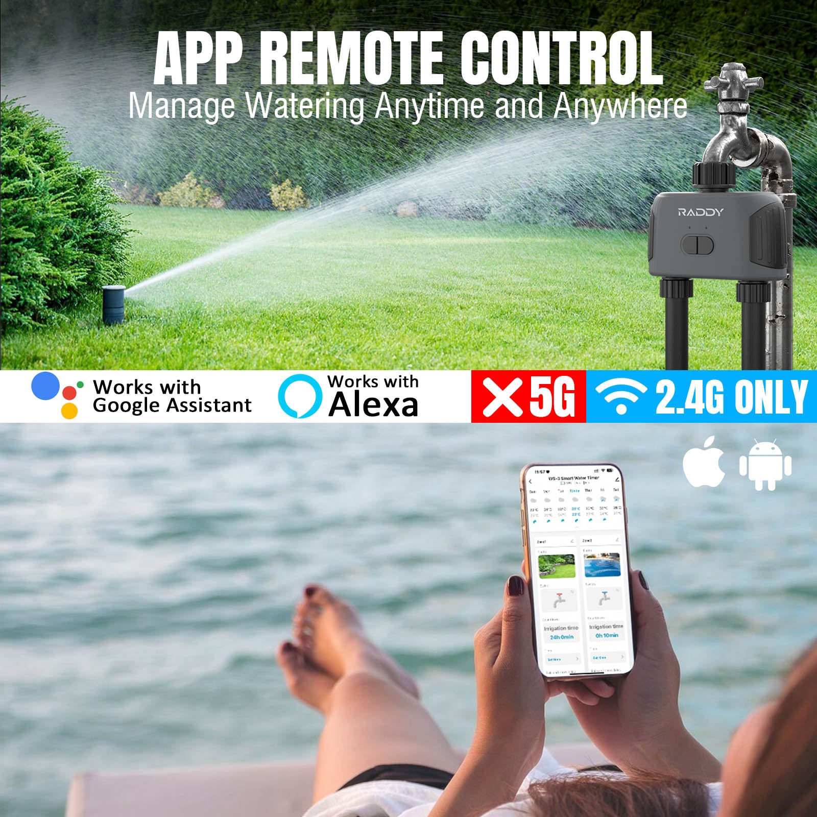 Raddy WS 3 WiFi Sprinkler Timer - 2 Zone Smart Irrigation Controller with IPX5 Waterproof Rating & APP Control for Automatic Lawn & Garden Watering System - Perfect for Home, Yard, and Landscape Irrigation