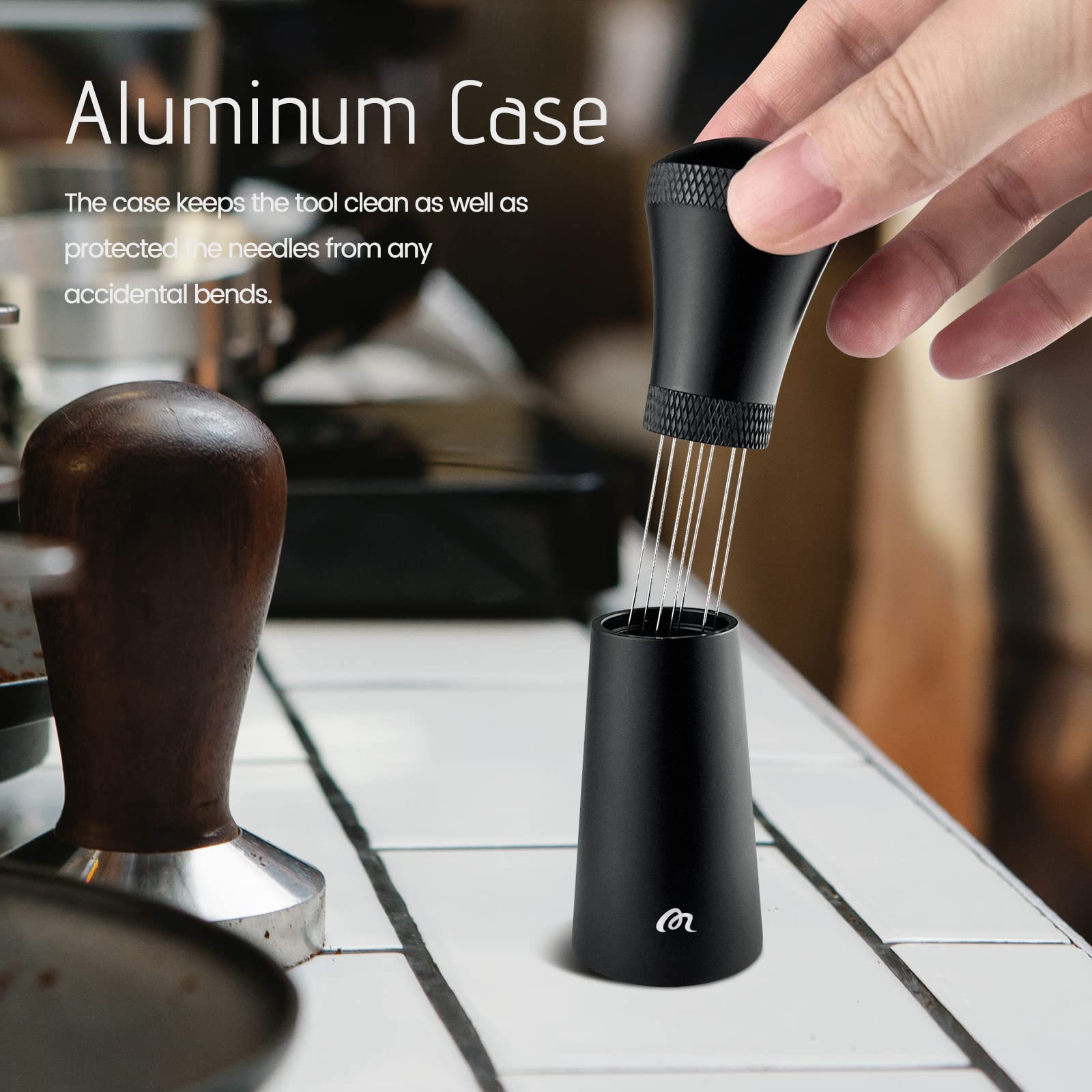 Premium Aluminum WDT Tool for Espresso with Stand - 0.35mm Stainless Steel 7 Needles Coffee Distribution Tool for Baristas (Includes 3 Replacement Needles) - Perfect for Home Baristas & Coffee Shops