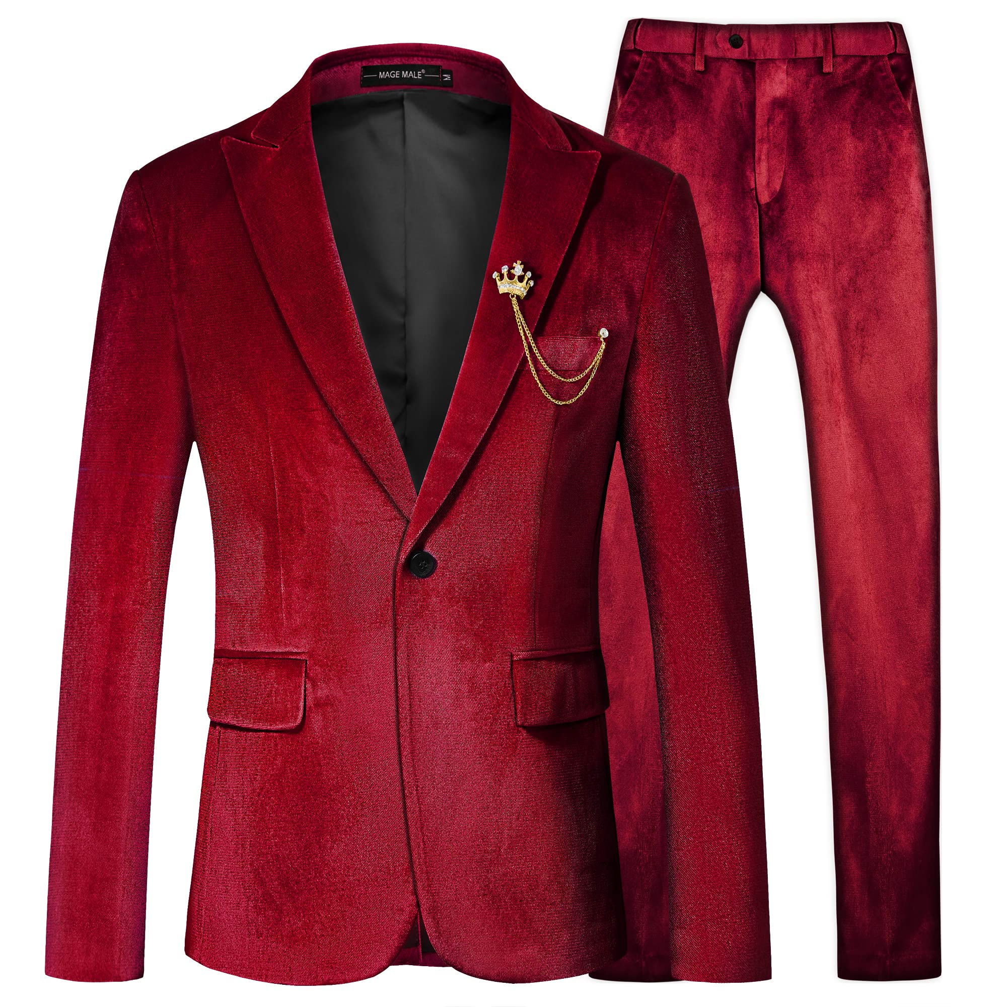 Premium MAGE MALE Men's 2-Piece Velvet Suit - Slim Fit One Button Tuxedo Blazer & Pants Set for Formal Events, Weddings, and Evening Parties