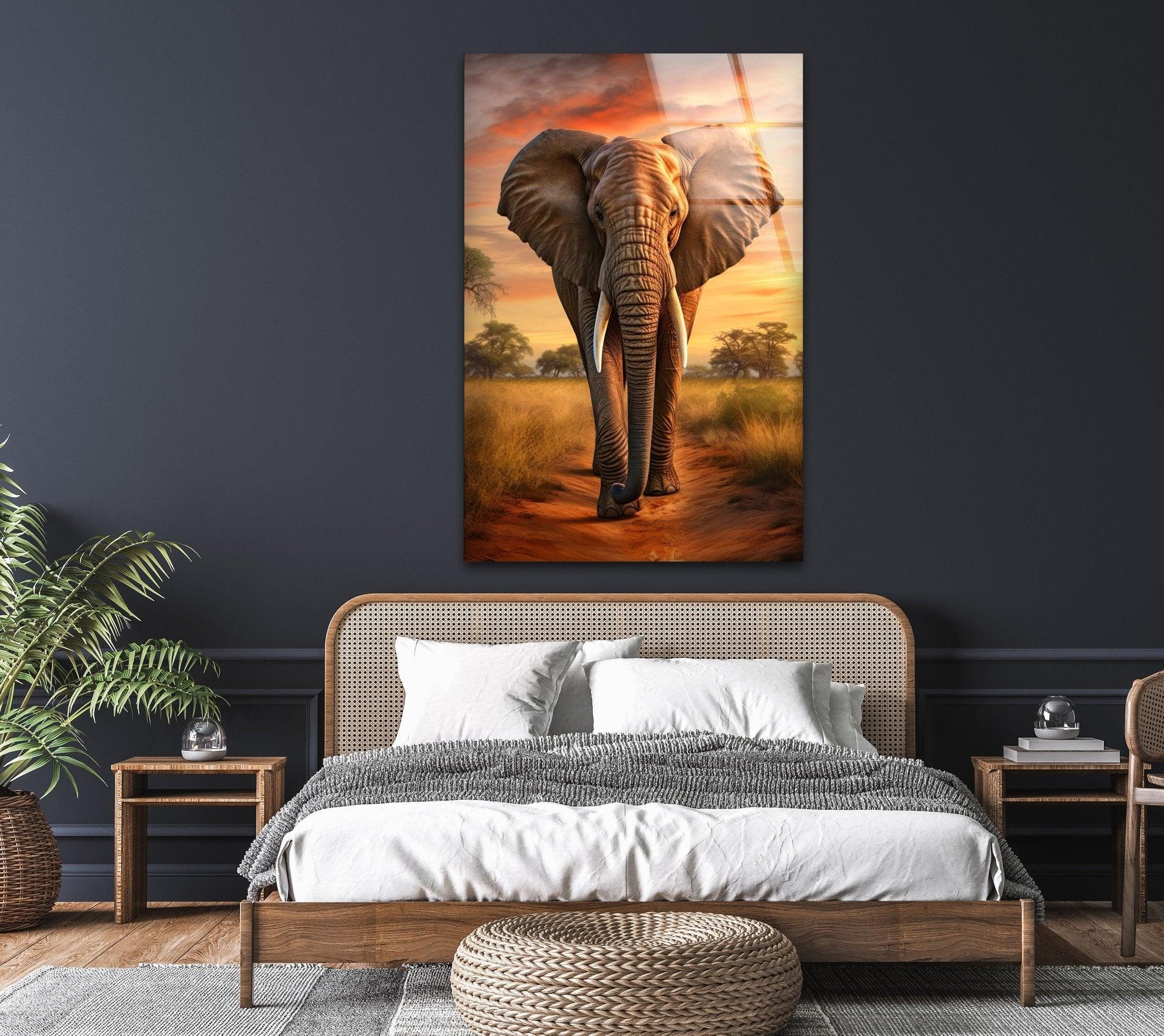 African Elephant Glass Wall Art - Handcrafted Home Decor for Living Room, Bedroom & Office - Perfect for Nature Lovers & Safari Theme Interior Design