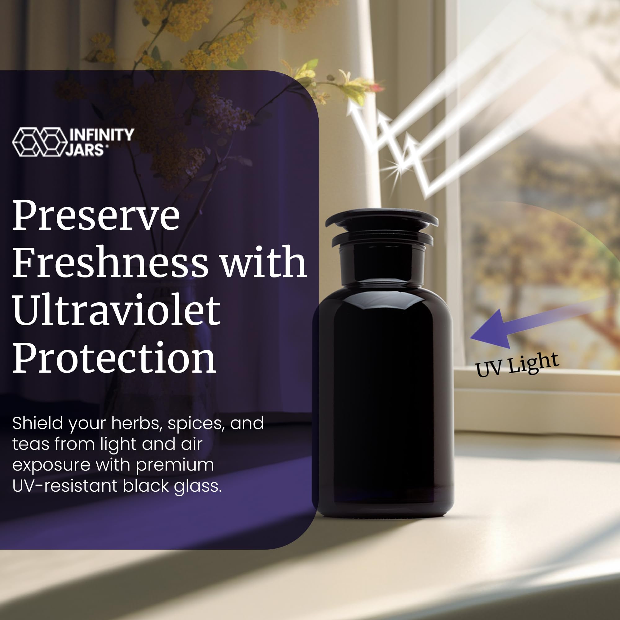 Infinity Jars 500ml (17oz) UV Protection Black Glass Apothecary Jars with Airtight Lids - 10 Pack for Tea, Coffee, Spices, Herbs & Dried Food Storage | Smell Proof, Kitchen & Pantry Organization, Home Decor