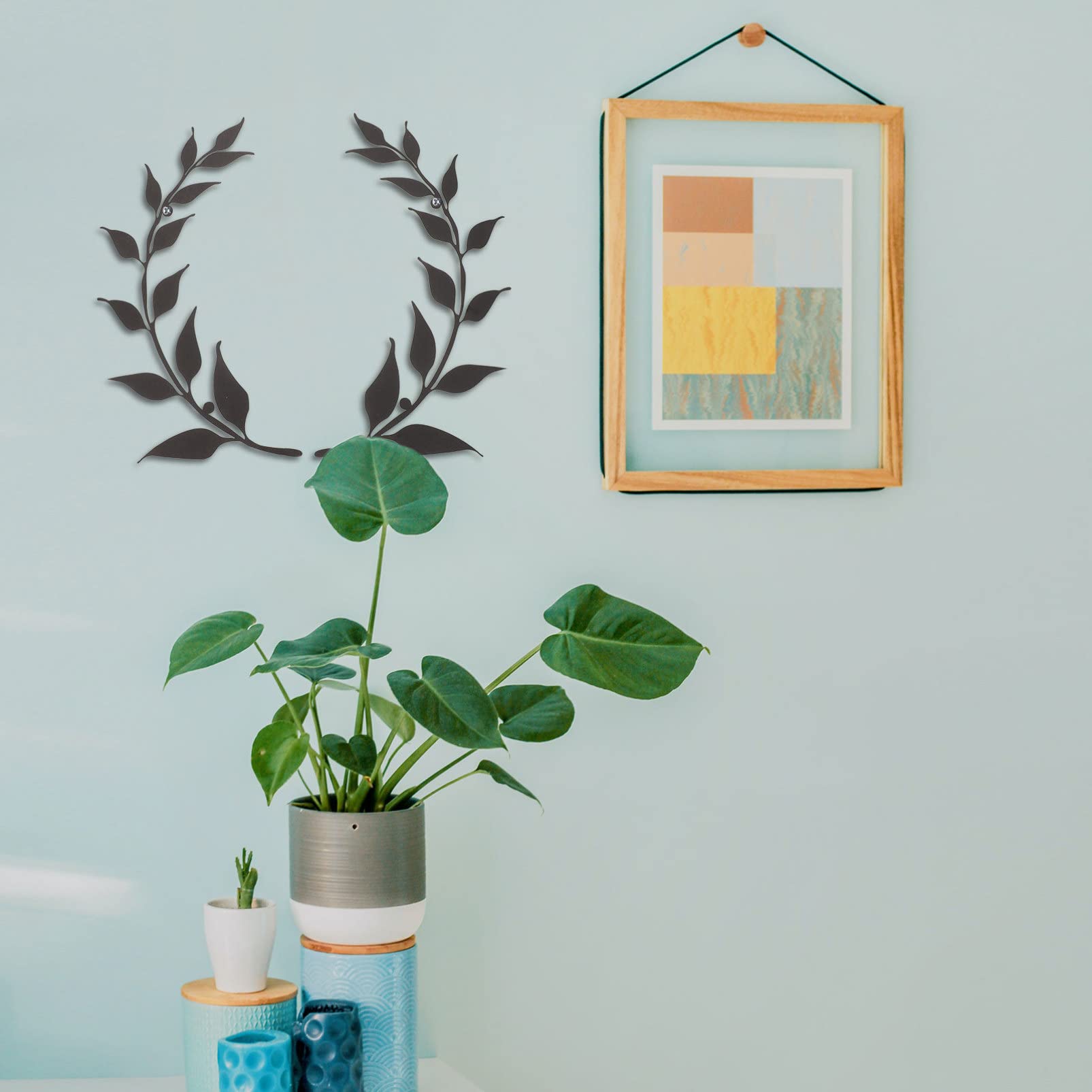 2pcs Black Metal Leaf Wall Art - Olive Branch Decor for Bedroom & Living Room