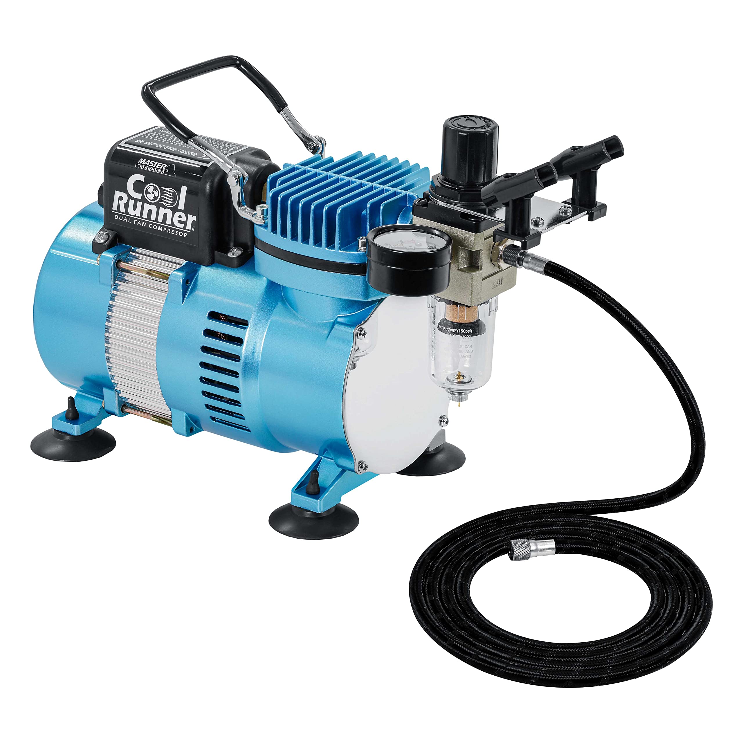 Master Airbrush 1.5 HP Cool Runner II Dual Fan Air Compressor Kit - Professional Single-Piston with 2 Cooling Fans for Longer Running Time - Includes Regulator, Water Trap & Holder - Perfect for Makeup, Tattoo, Cake Decorating & Model Painting