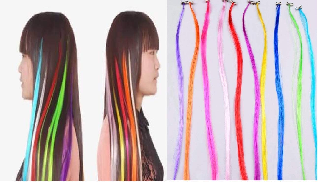 APOEM 12-Piece Synthetic Multicolor Hair Extension Highlighter Pins for Women & Girls – Clip-In Hair Extensions for Parties, Cosplay & Daily Styling