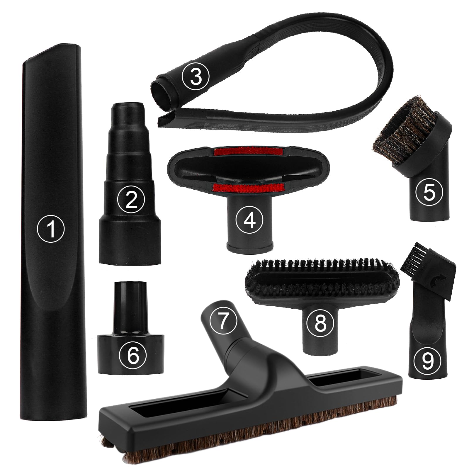 1 1/4 Inch Shop Vac Accessories Kit - 9PCS Vacuum Cleaner Attachments with Brushes & Flexible Crevice Tool for Household Cleaning | Perfect for Carpets, Upholstery, Hard Floors & Tight Spaces