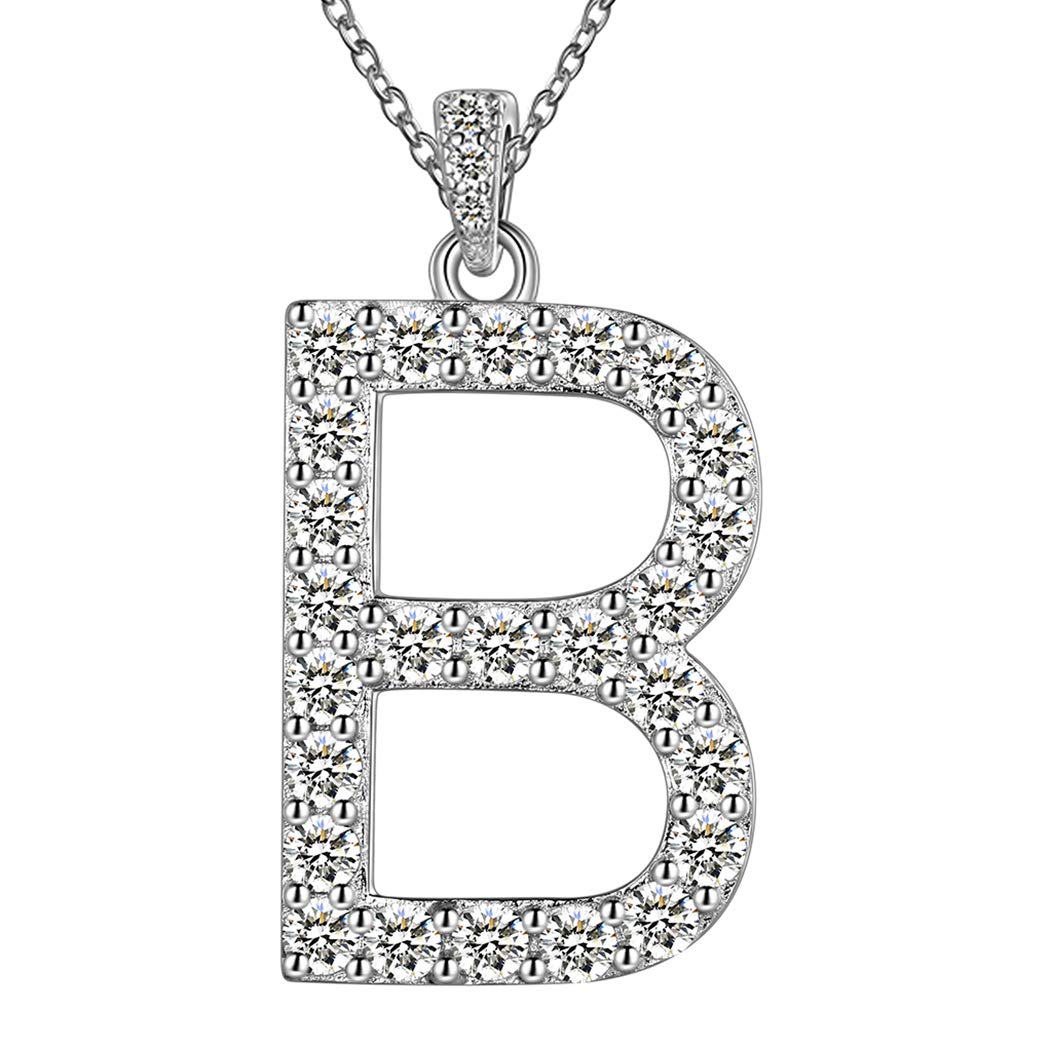 18K White Gold Plated 925 Sterling Silver Initial Letter Pendant Necklace for Women & Men - Cubic Zirconia Monogram Jewelry with Gift Box - Perfect Birthday Gift, Anniversary Present & Personalized Fashion Accessory for Everyday Wear