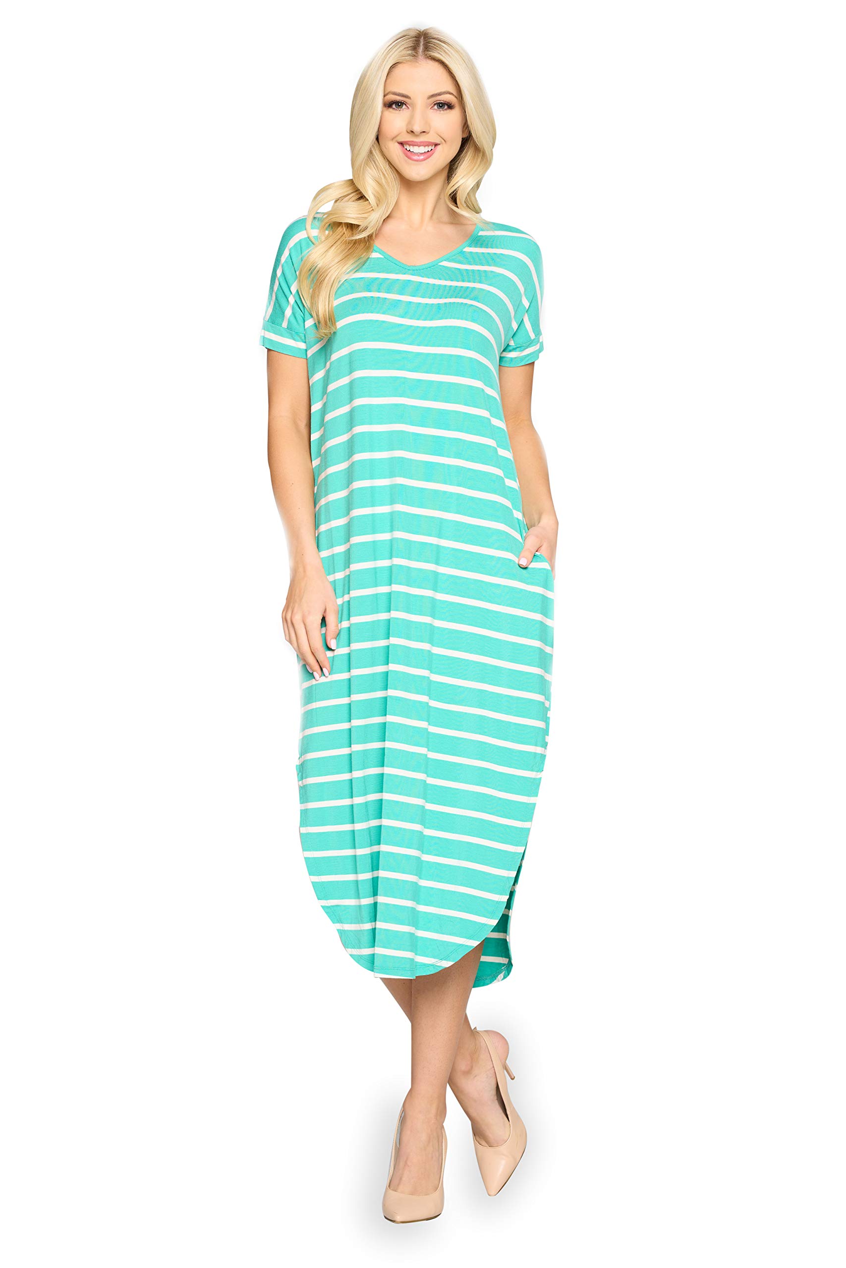 YELETE Women's Striped Curved Hem Flowy Midi Dress with Pockets - Plus Size Summer Casual Dress for Beach, Vacation & Everyday Wear