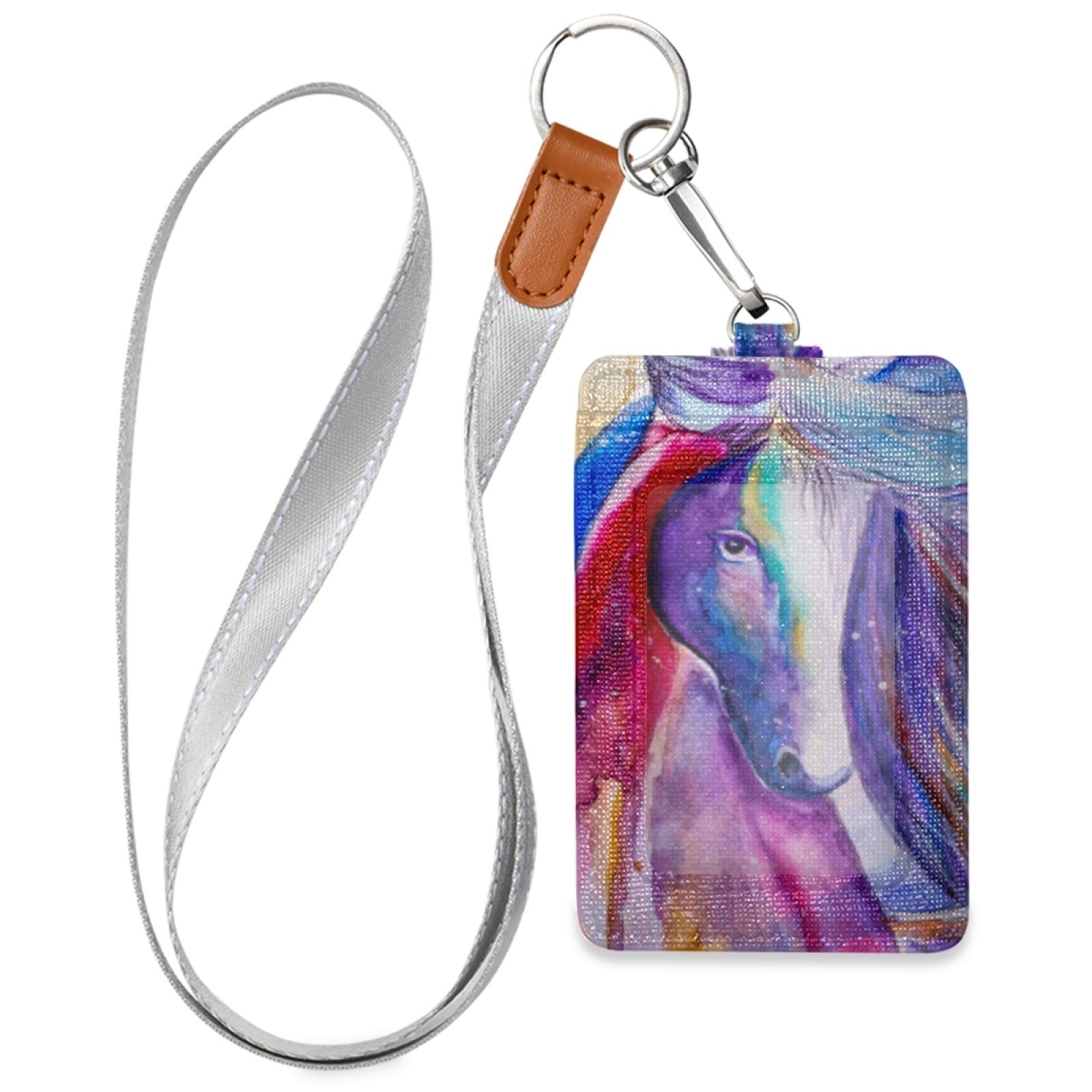 Colorful Horse ID Badge Holder with Lanyard - Vertical Leather Name Tag for Office & School Staff