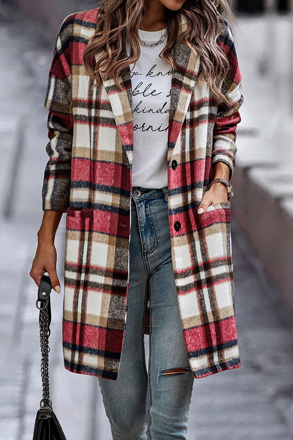 Stylish Women's Plaid Long Wool Coat with Pockets - Warm Turn-Down Collar Jacket for Autumn & Winter | Perfect for Outdoor Activities, Office Wear, and Casual Fashion