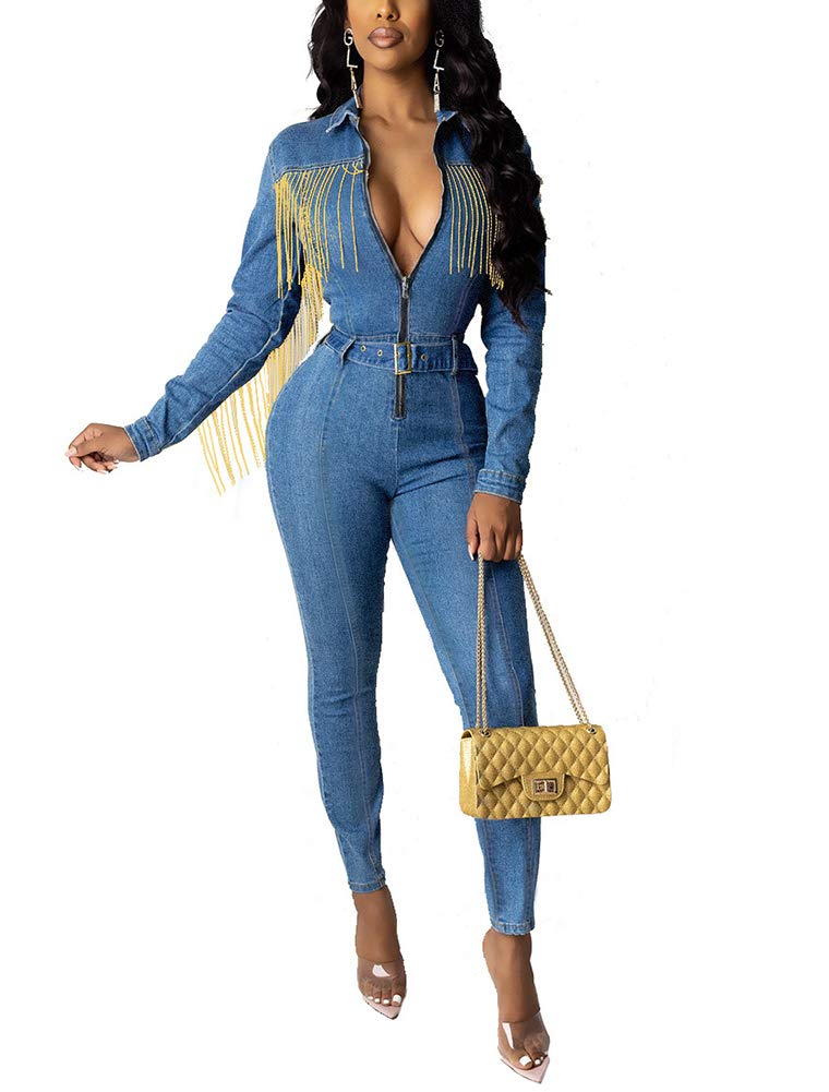 Women's Long Sleeve Denim Jumpsuit - Tassel Deep V Neck Zipper Bodycon Romper with Adjustable Belt | Casual Outfit for Date Night, Party & Streetwear Fashion