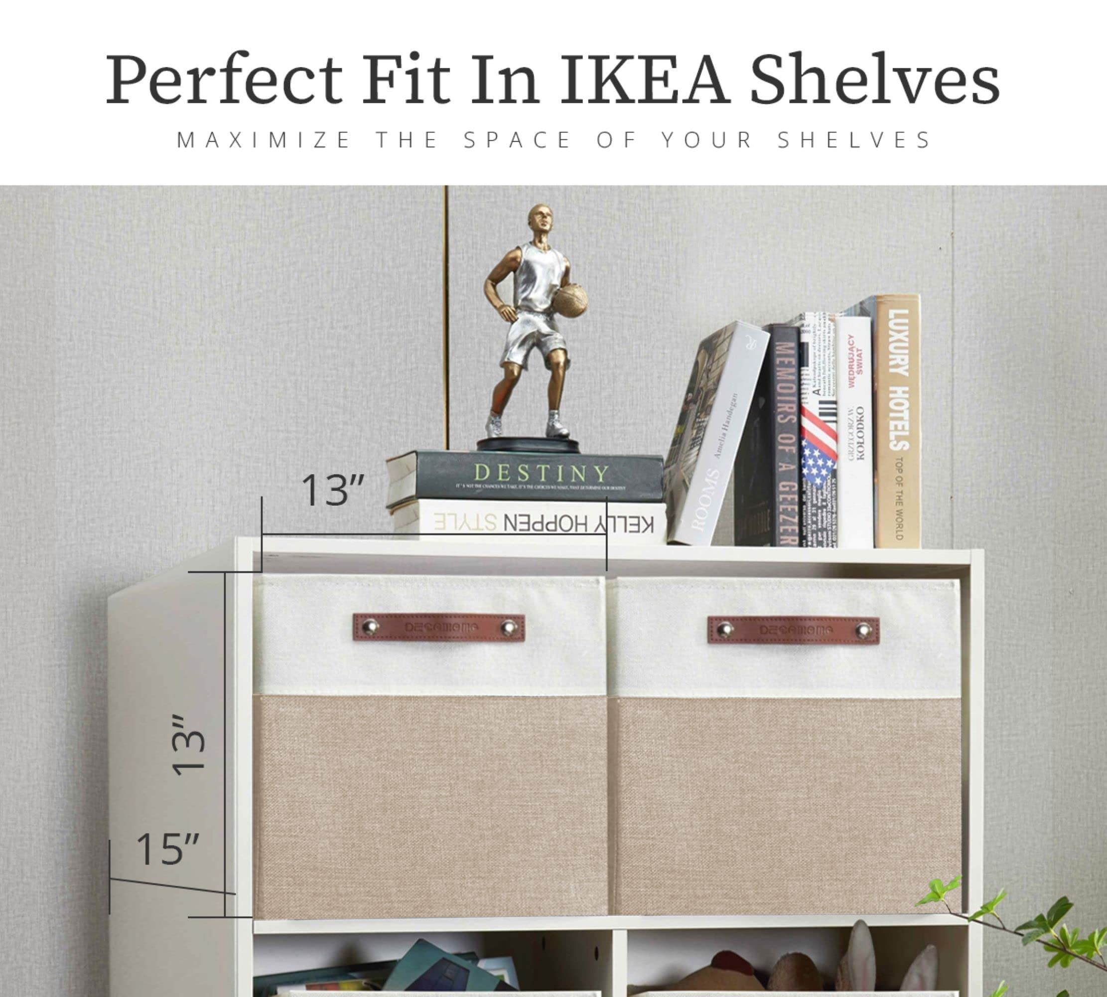 DECOMOMO Kallax Storage Cubes - 13x15x13 Inch Fabric Bins & Baskets for Shelves Organization - Beige & White Set of 3 - Perfect for Closet, Nursery, and Living Room Storage