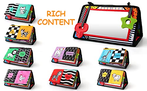 3-in-1 Tummy Time Mirror & Sensory Toy Set with Soft Crinkle Book, Teether, Rattle - High Contrast Black & White Montessori Baby Developmental Toys for Newborns 0-12 Months | Perfect for Crawling Practice, Sensory Stimulation & Early Learning