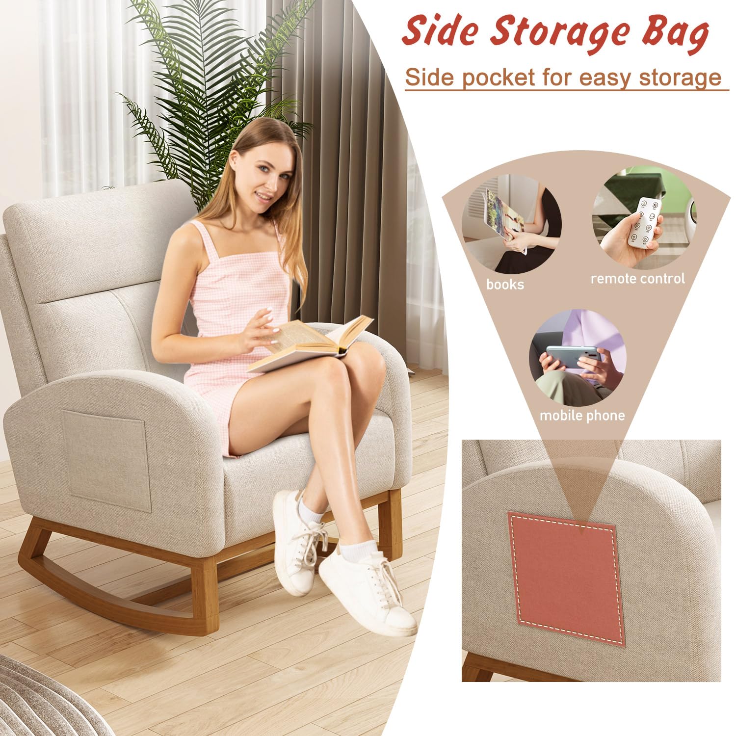 Comfy Upholstered Glider Rocking Chair with High Backrest & Side Pocket - Nursery Rocker, Bedroom Accent Chair & Living Room Armchair - Perfect for Breastfeeding, Reading & Relaxing (Cream)