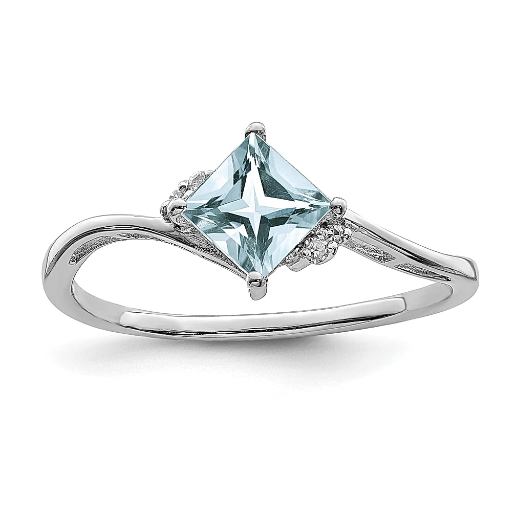 925 Sterling Silver Diamond & Blue Aquamarine Square Band Ring for Women - March Birthstone Jewelry, Wedding Gift, Anniversary Present, Everyday Elegance