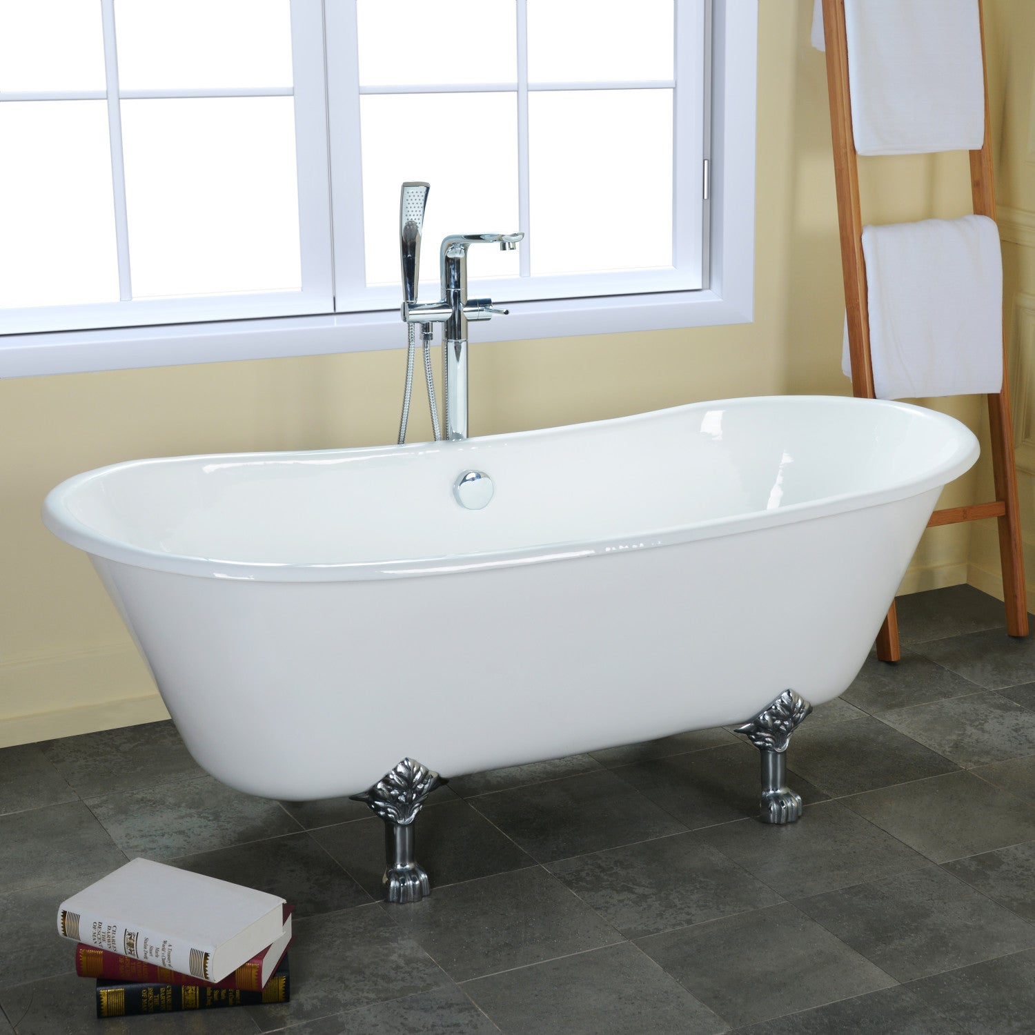 Aqua Eden 67 Inch White Cast Iron Clawfoot Bathtub - Oval Double Slipper Design with Polished Chrome Feet - Perfect for Vintage Bathroom & Luxury Spa Retreats
