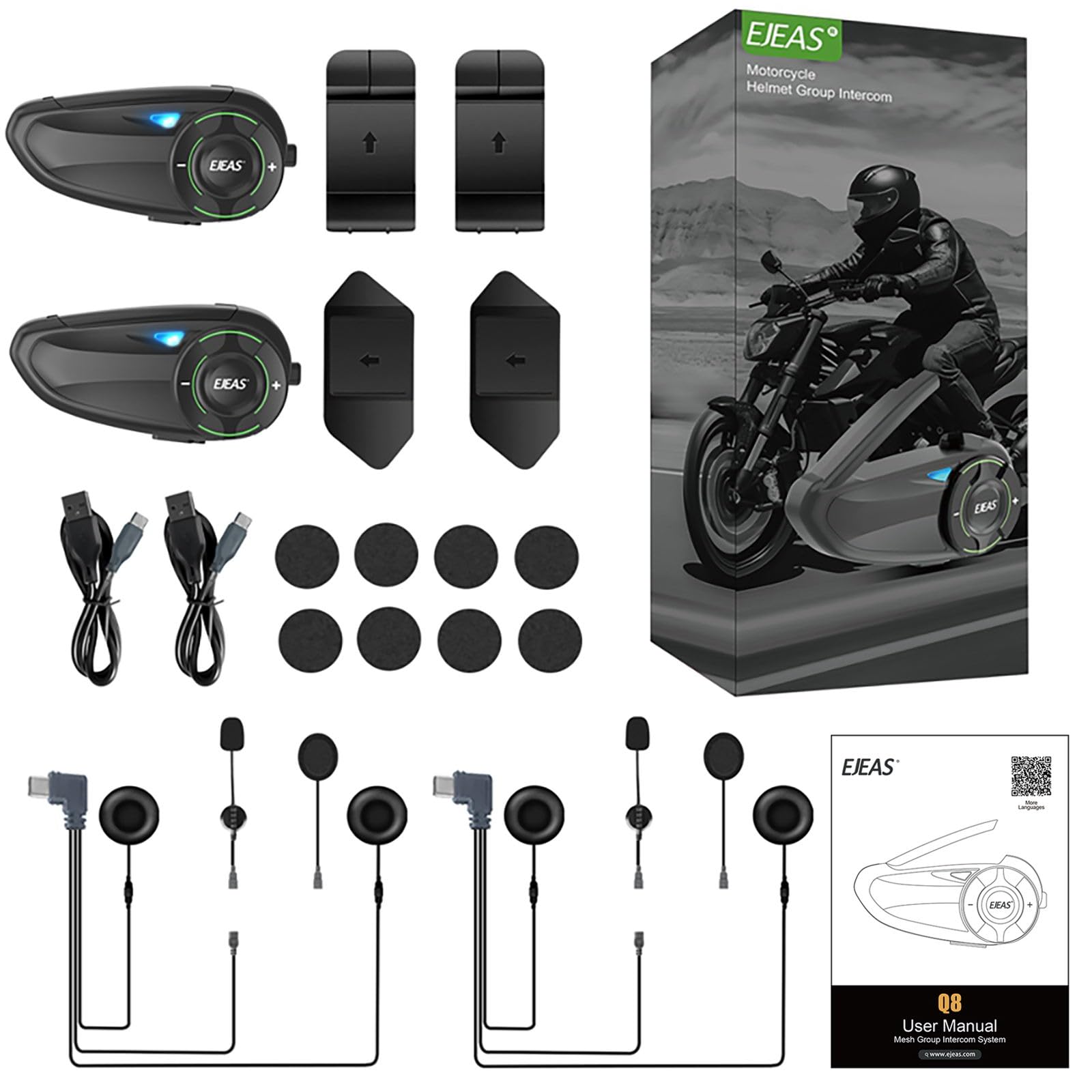 EJEAS Q8 Mesh 3.0 Motorcycle Bluetooth Intercom Headset - 6-Way Full Duplex Communication, Bluetooth 5.1 with CVC Noise Cancellation & Music Sharing (2 Pack) - Perfect for Group Riding, Adventure Tours & Road Trips