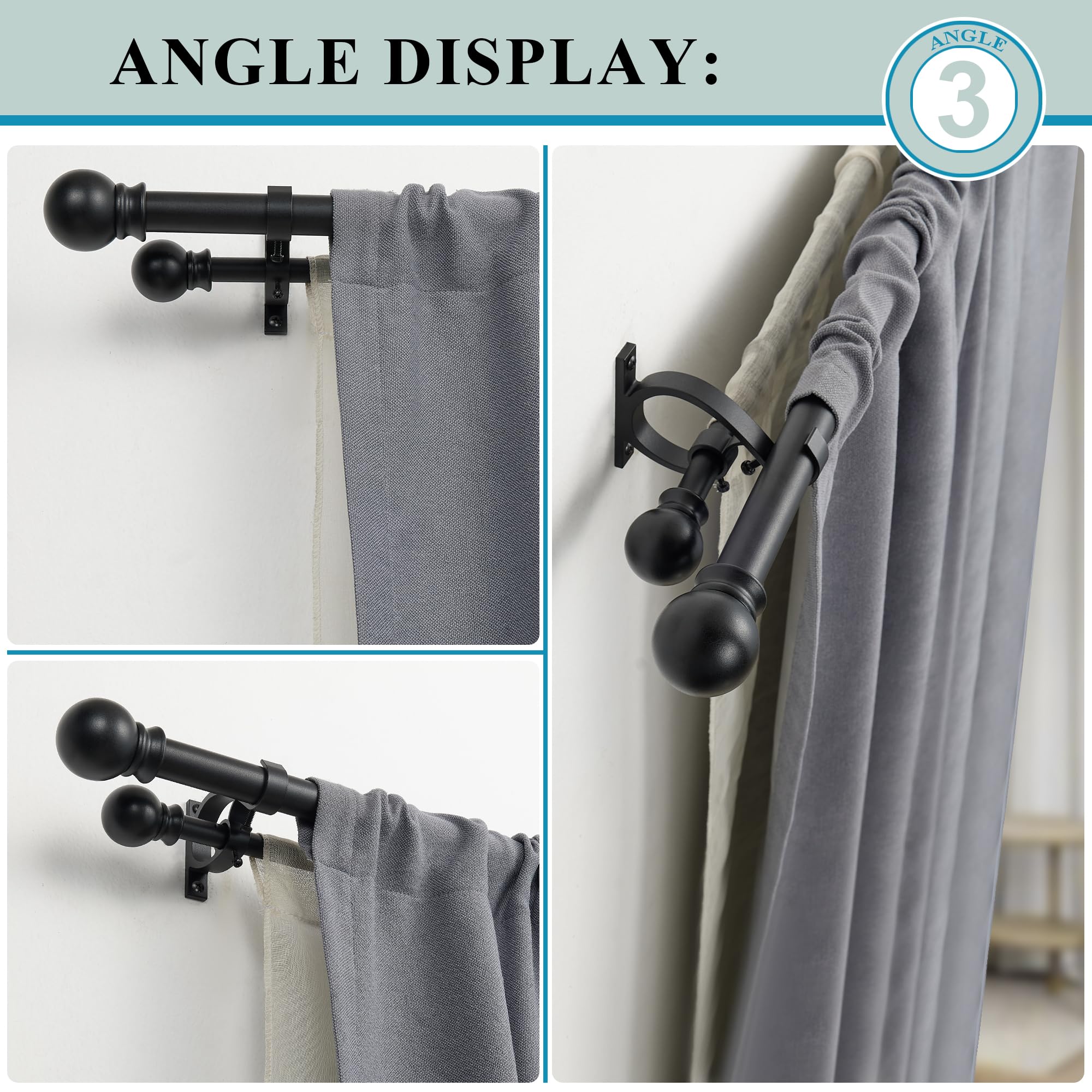 Matte Black Double Curtain Rods 36-72 Inch Adjustable - 1