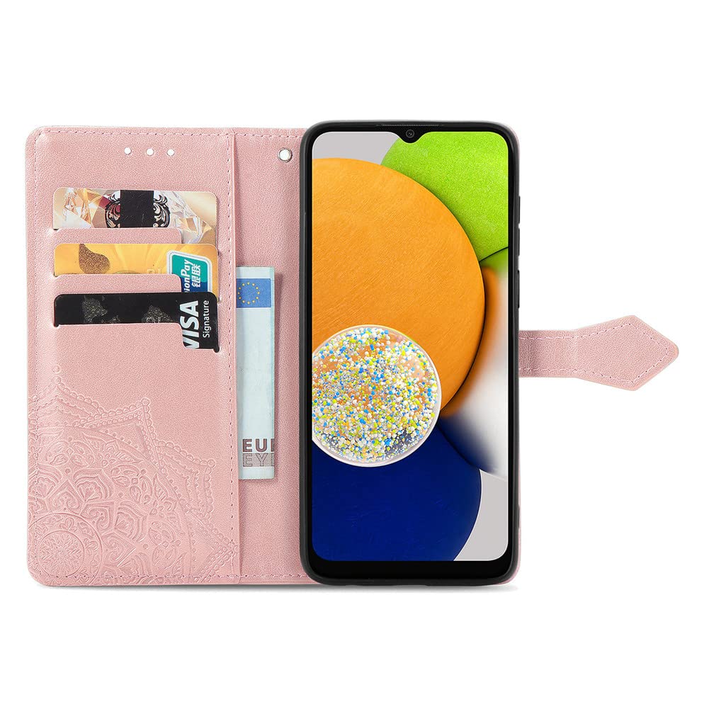 Samsung Galaxy A03 Case 5G - Leather Wallet Flip Cover with Magnetic Closure, Shockproof Protection, Card Slots & Stand Feature | Perfect for Daily Use, Travel & Business (SD Mandala Rose Gold)