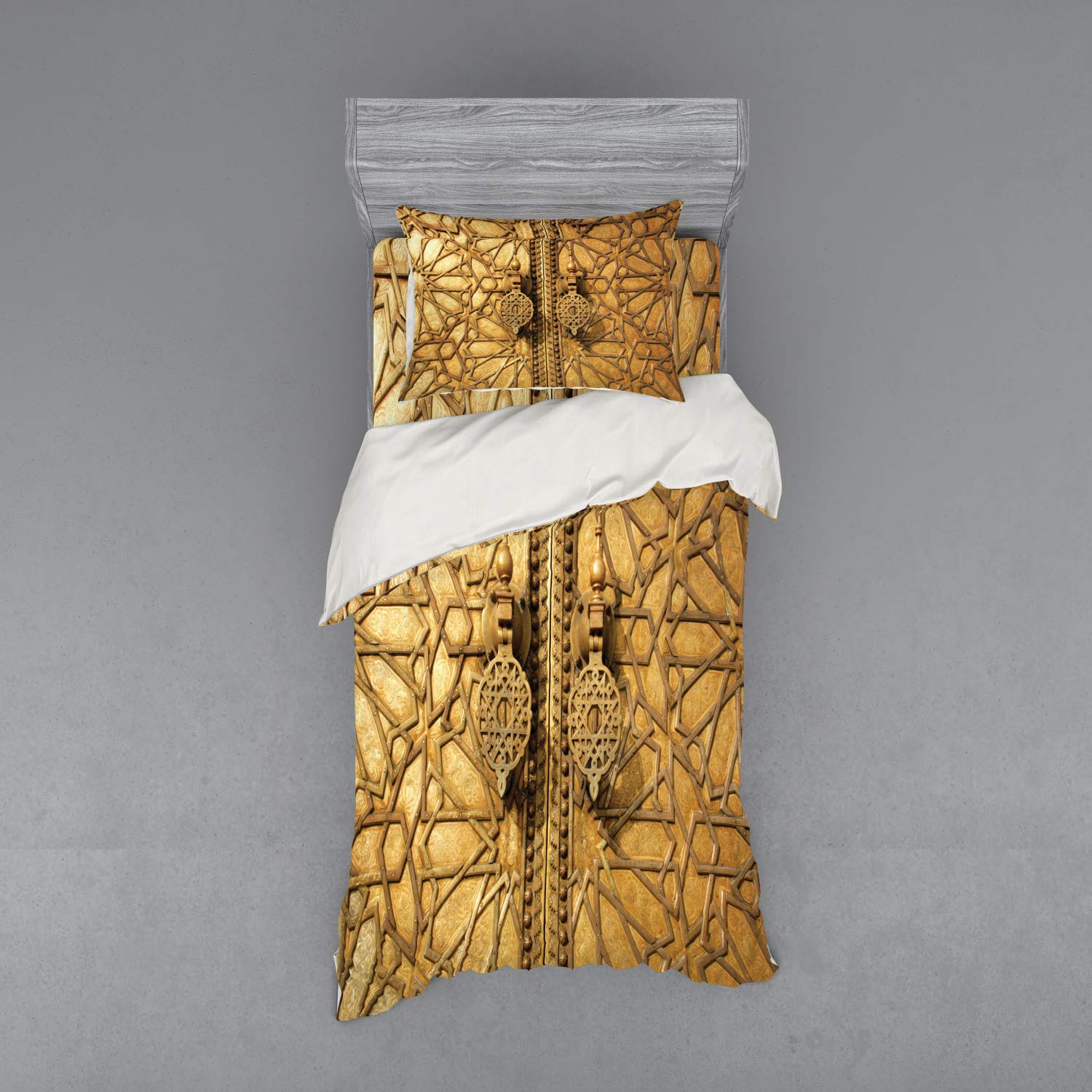 Ambesonne Moroccan Bedding Set - 3 Piece Duvet Cover with Sham & Fitted Sheet, Twin Size, Pale Brown | Royal Palace in Marrakesh Oriental Design | Perfect for Guest Rooms, Vacation Homes & Bohemian Bedroom Decor