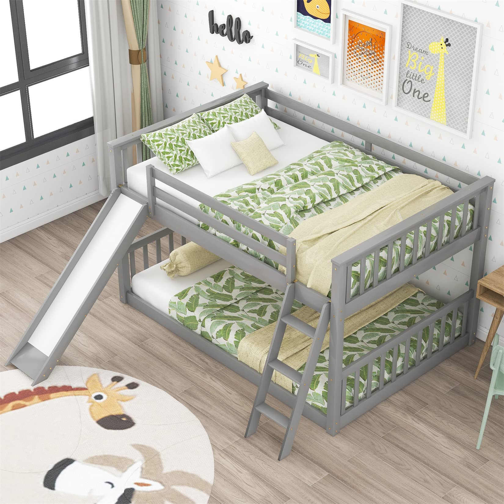 Full Over Full Low Bunk Beds with Slide for Kids - Sturdy Wood Bunk Bed Frame for Boys, Girls & Teens - Space-Saving Bedroom & Dorm Furniture - Perfect for Siblings Sharing Rooms or Small Spaces (Gray)
